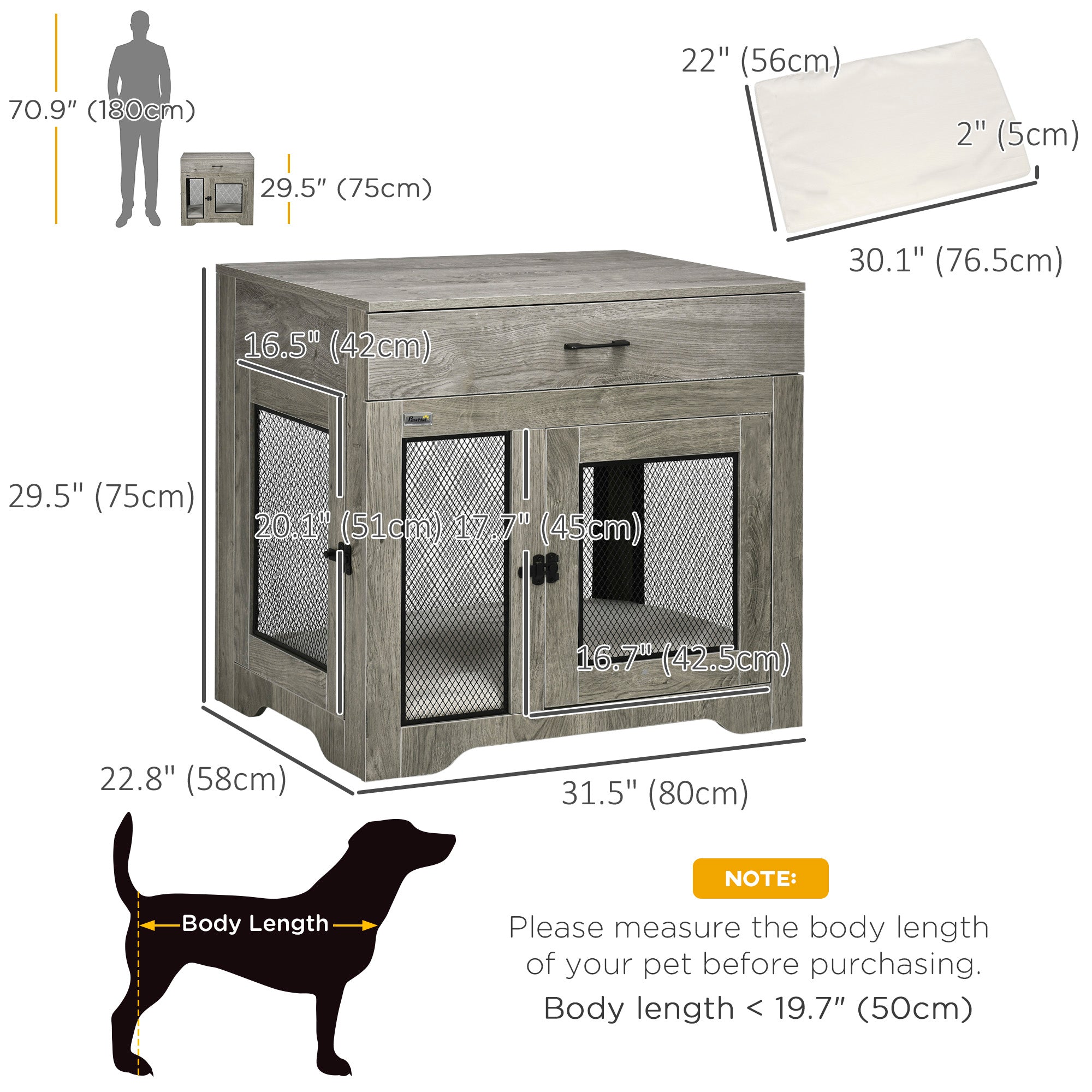PawHut 32in Dog Crate Furniture with Cushion, 2 Doors, Dog Kennel End Table with Storage, Indoor Dog Cage for Small Medium Dogs, Grey
