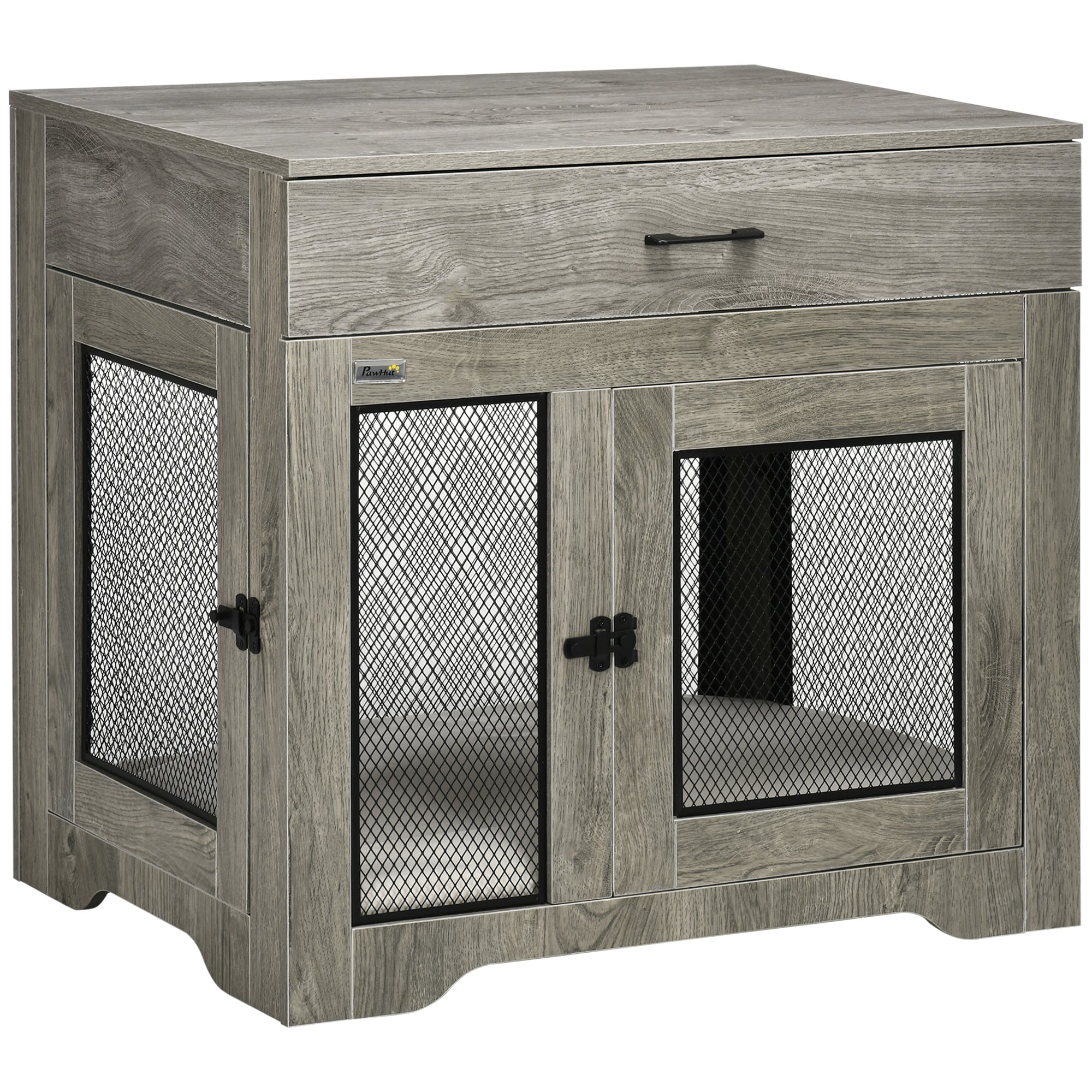 PawHut 32in Dog Crate Furniture with Cushion, 2 Doors, Dog Kennel End Table with Storage, Indoor Dog Cage for Small Medium Dogs, Grey