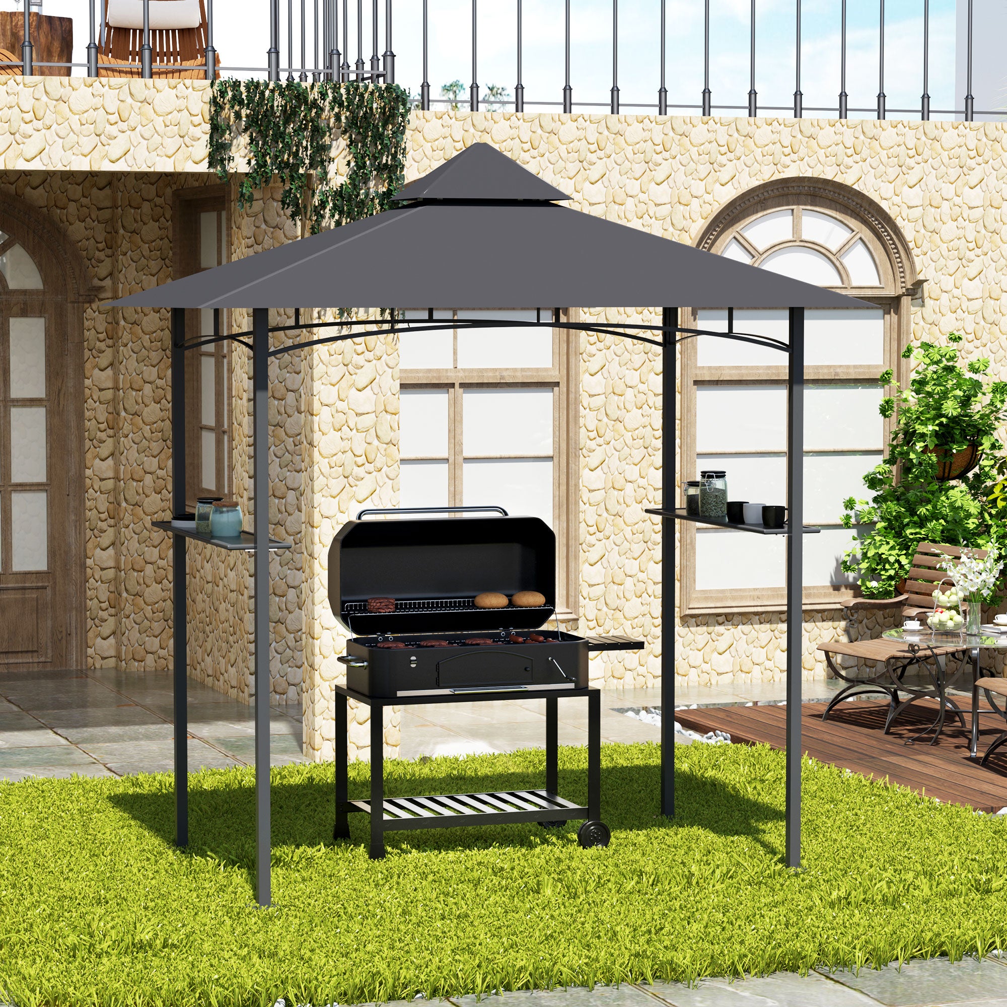 Outsunny 8' x 5' BBQ Grill Gazebo Tent with Double Tiered Canopy for Outdoor Sun Shade, Grey