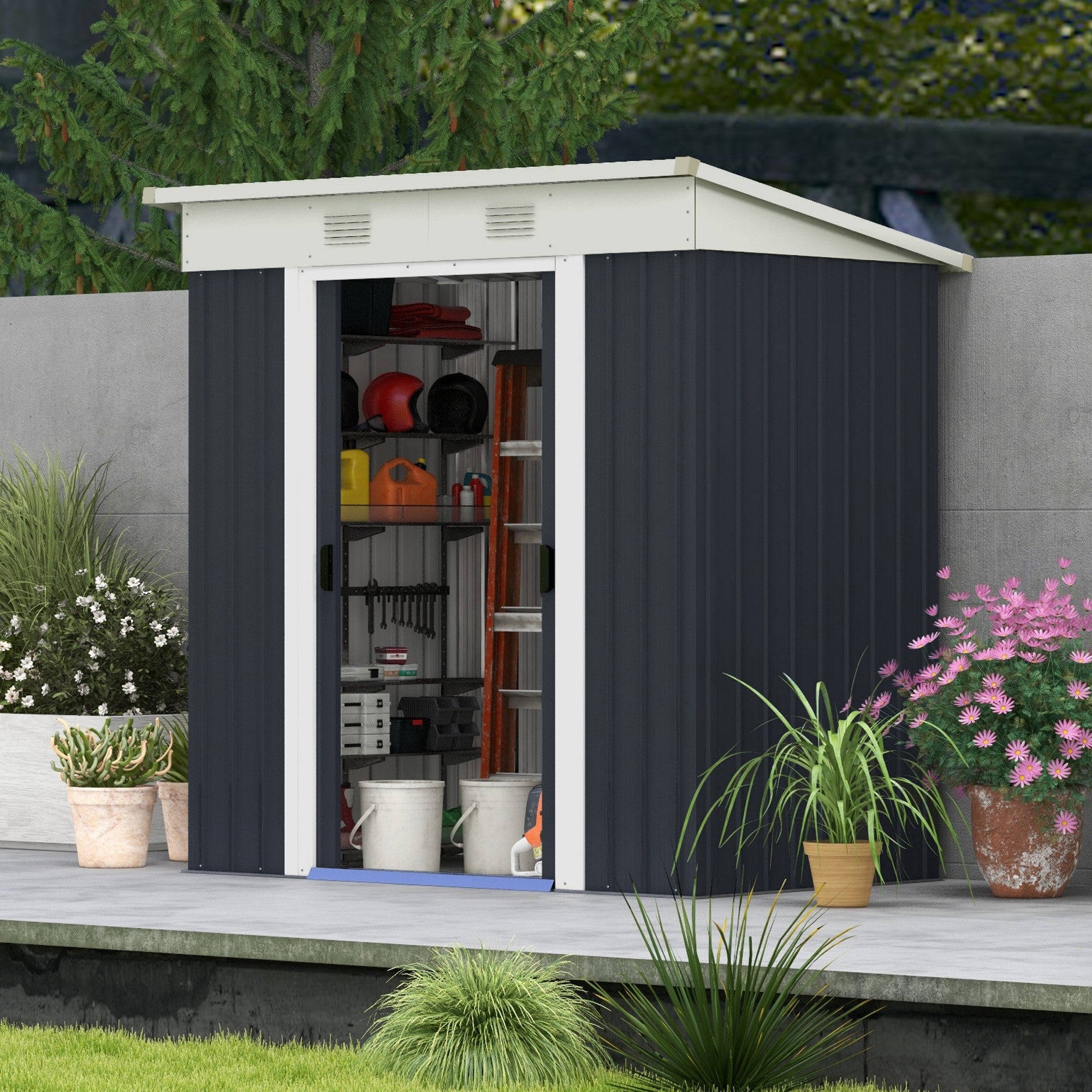Outsunny 6' x 4' Outdoor Storage Shed, Metal Garden Tool Storage House Organizer with Lockable Sliding Doors and Vents for Backyard Patio Lawn, Charcoal Grey