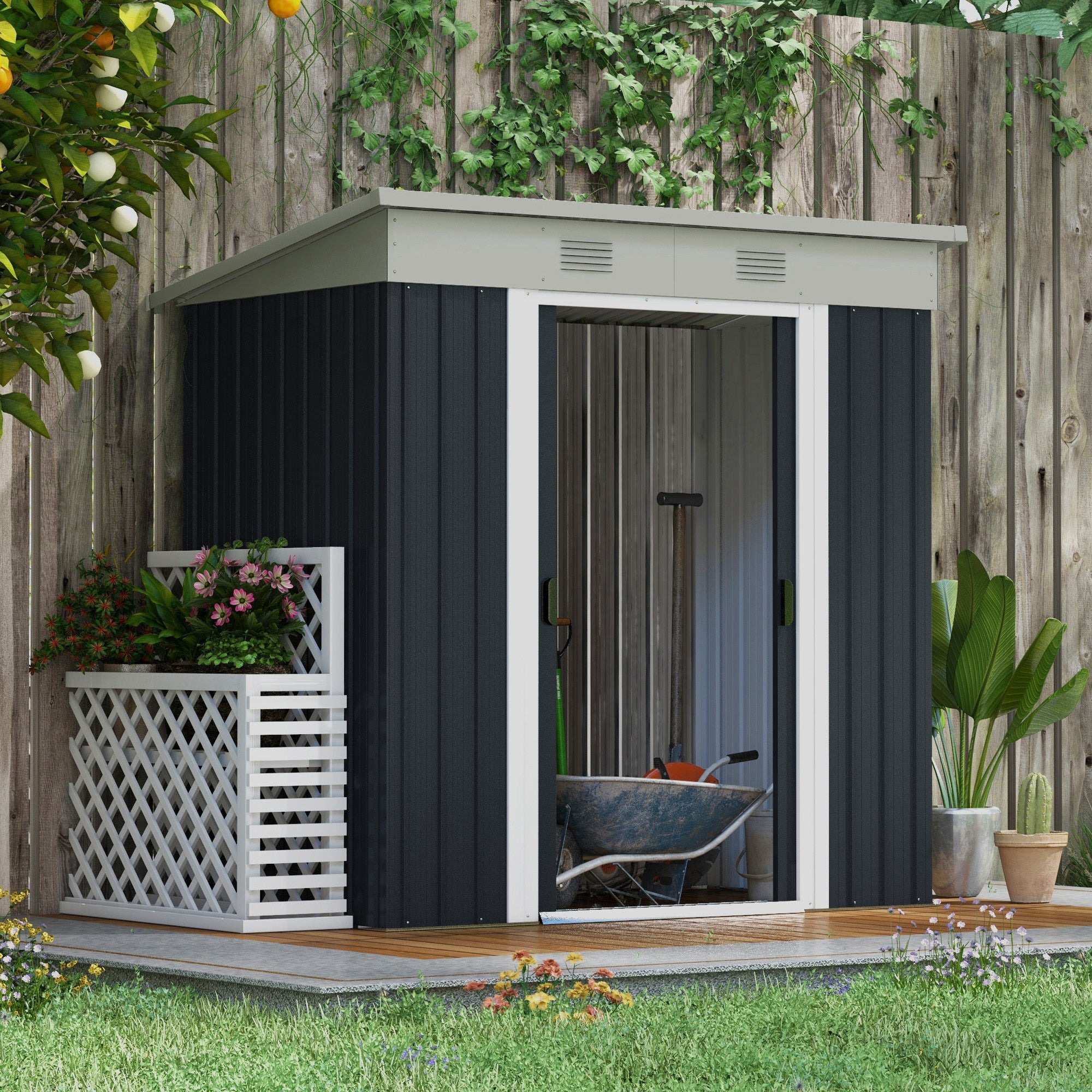 Outsunny 6' x 4' Outdoor Storage Shed, Metal Garden Tool Storage House Organizer with Lockable Sliding Doors and Vents for Backyard Patio Lawn, Charcoal Grey