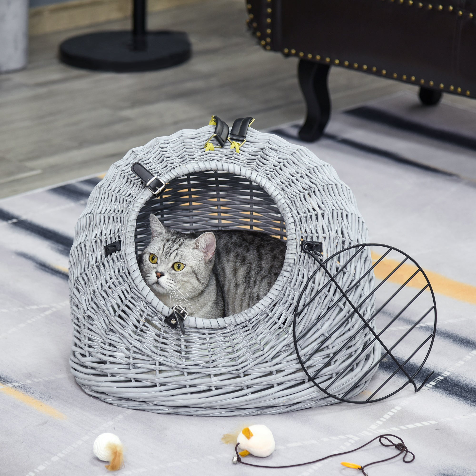 PawHut Wicker Pet Carrier Basket Cat Kitten Bed Portable Travel Cage  w/ Soft Cushion Handle  Grey 50 x 40 x 40 cm