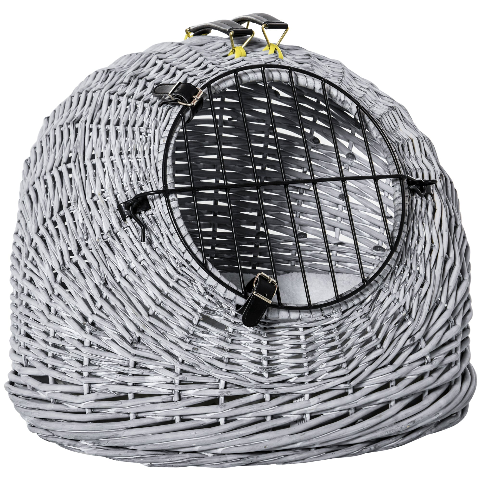 PawHut Wicker Pet Carrier Basket Cat Kitten Bed Portable Travel Cage  w/ Soft Cushion Handle  Grey 50 x 40 x 40 cm