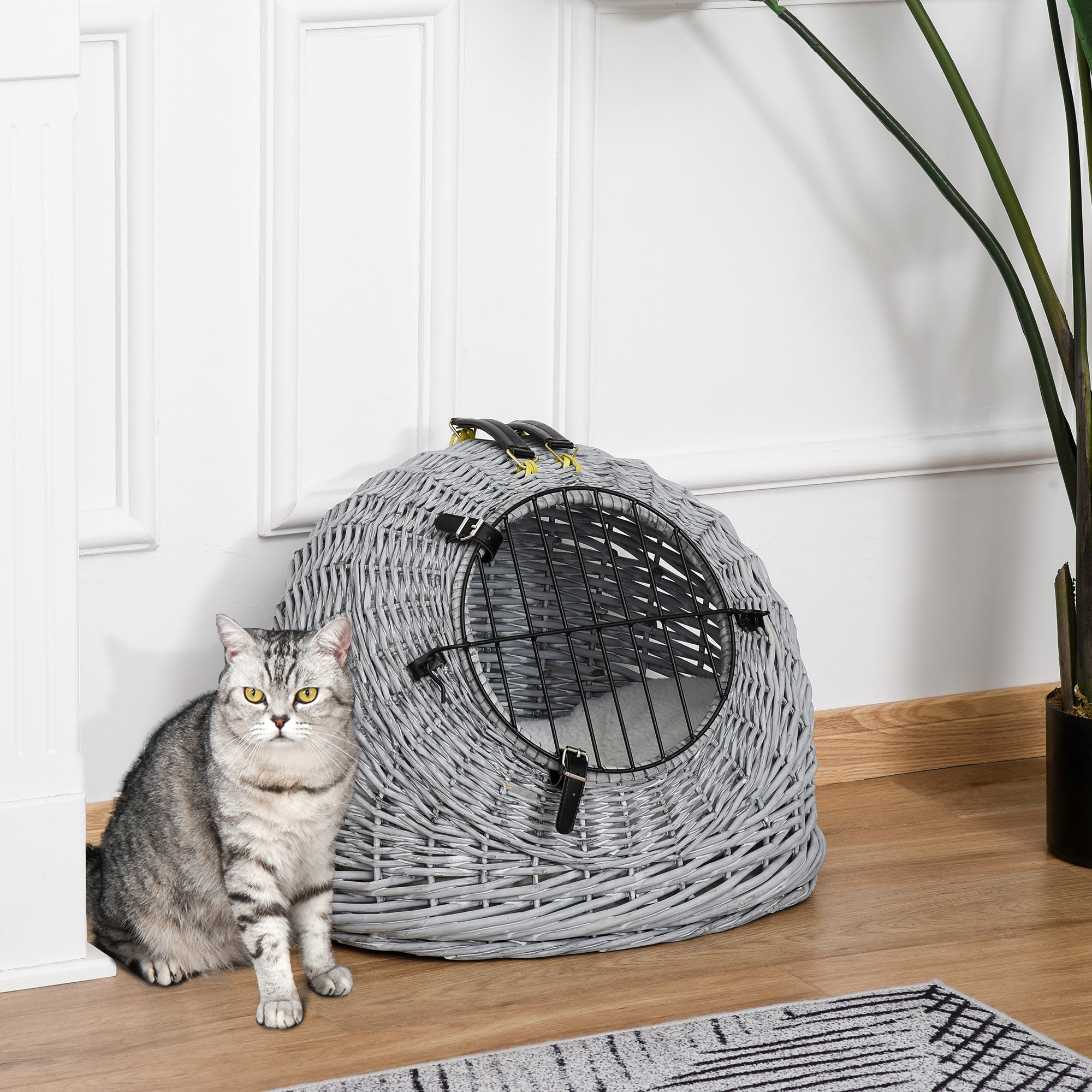 PawHut Wicker Pet Carrier Basket Cat Kitten Bed Portable Travel Cage  w/ Soft Cushion Handle  Grey 50 x 40 x 40 cm