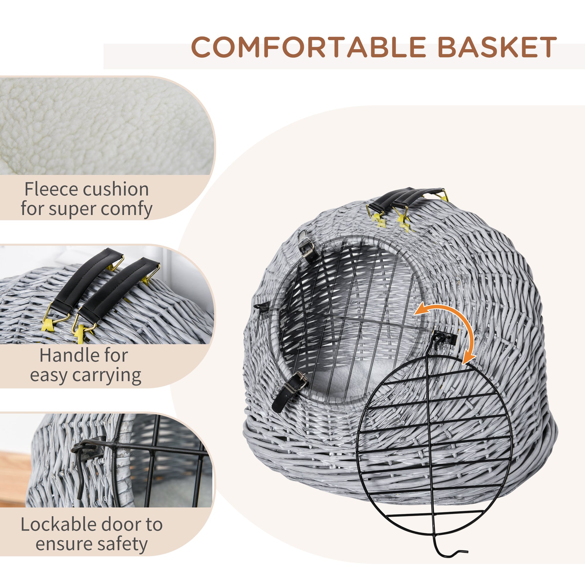 PawHut Wicker Pet Carrier Basket Cat Kitten Bed Portable Travel Cage  w/ Soft Cushion Handle  Grey 50 x 40 x 40 cm