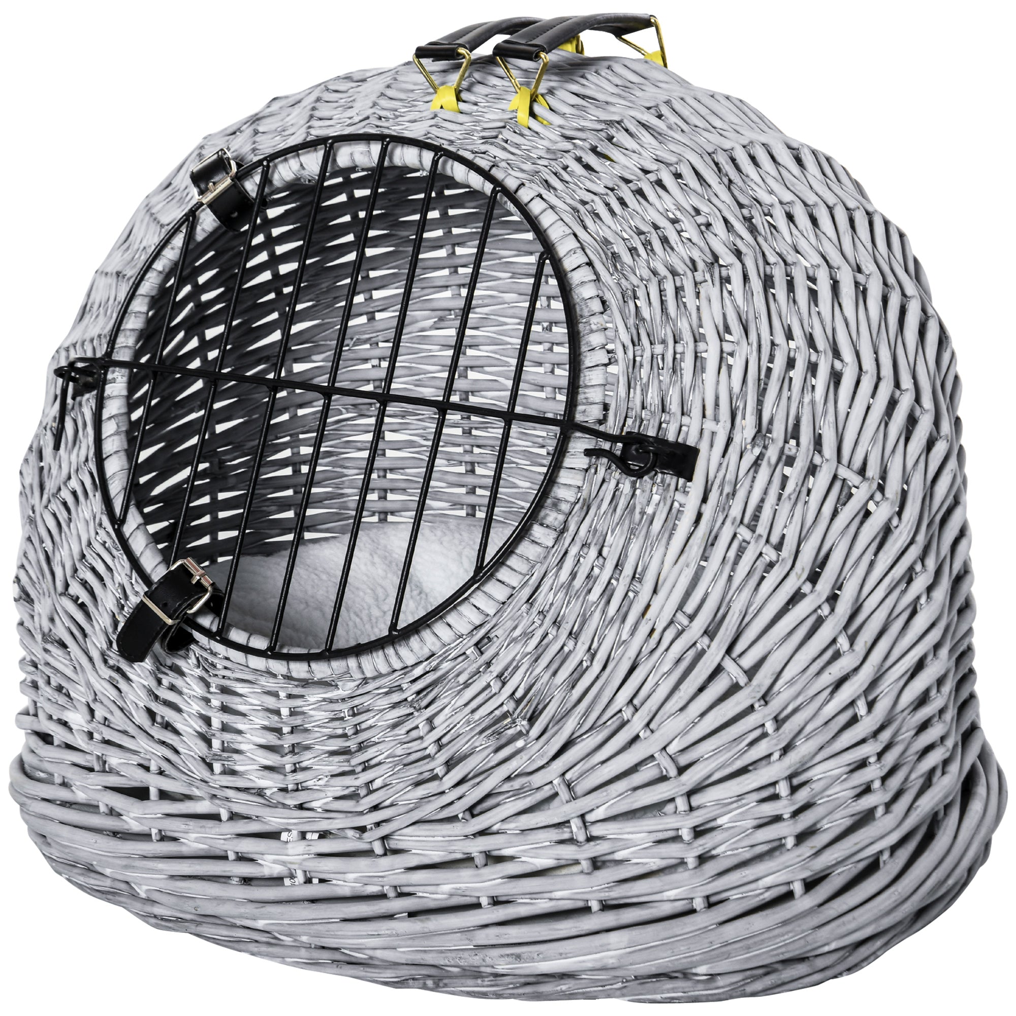 PawHut Wicker Pet Carrier Basket Cat Kitten Bed Portable Travel Cage  w/ Soft Cushion Handle  Grey 50 x 40 x 40 cm