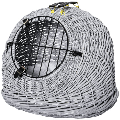PawHut Wicker Pet Carrier Basket Cat Kitten Bed Portable Travel Cage  w/ Soft Cushion Handle  Grey 50 x 40 x 40 cm