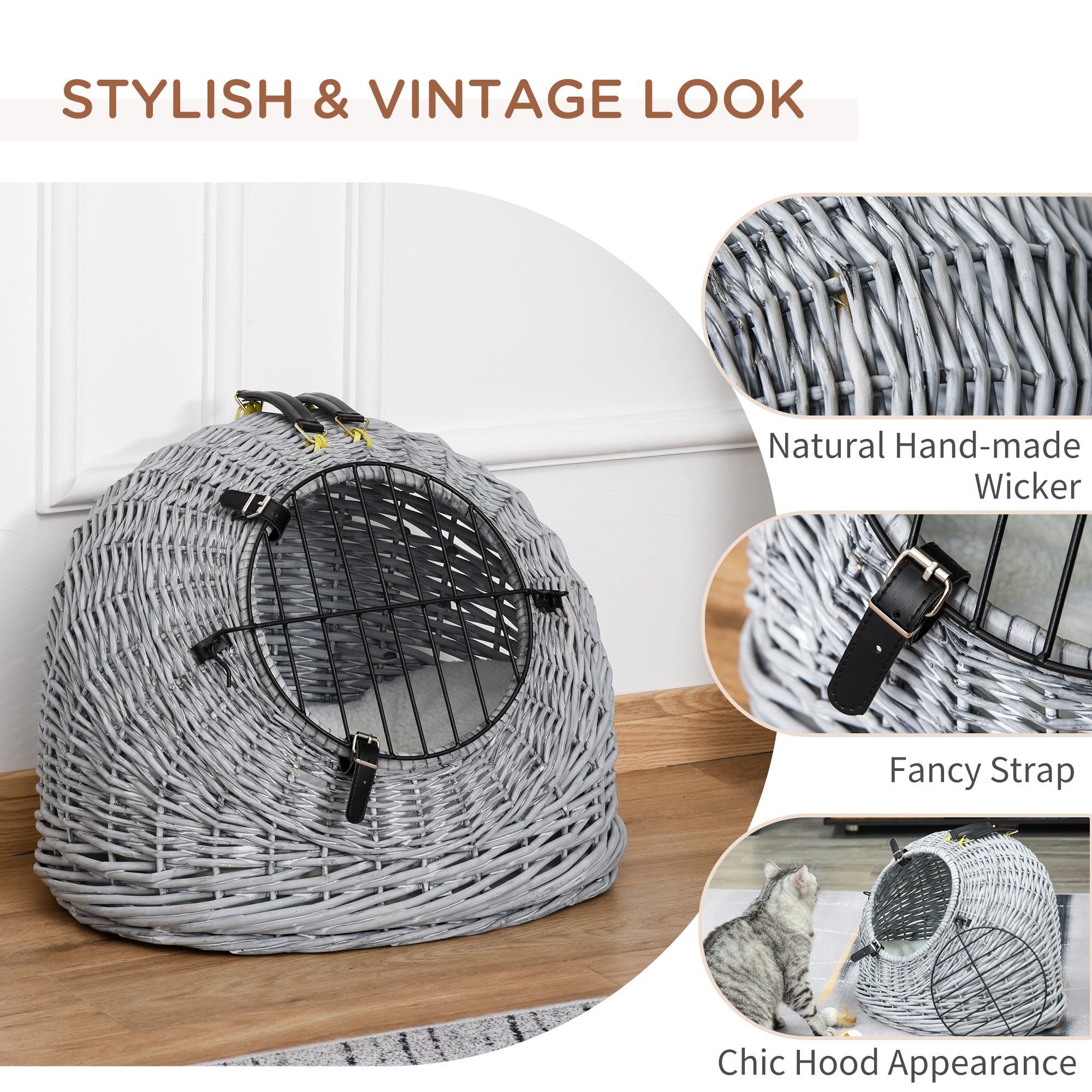 PawHut Wicker Pet Carrier Basket Cat Kitten Bed Portable Travel Cage  w/ Soft Cushion Handle  Grey 50 x 40 x 40 cm
