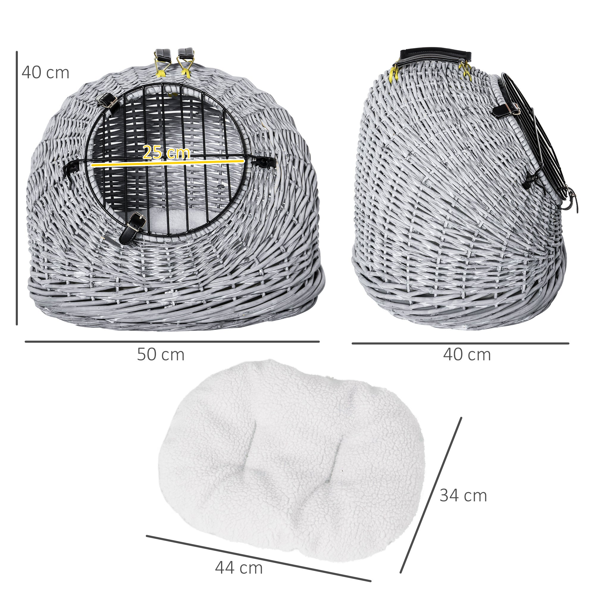 PawHut Wicker Pet Carrier Basket Cat Kitten Bed Portable Travel Cage  w/ Soft Cushion Handle  Grey 50 x 40 x 40 cm