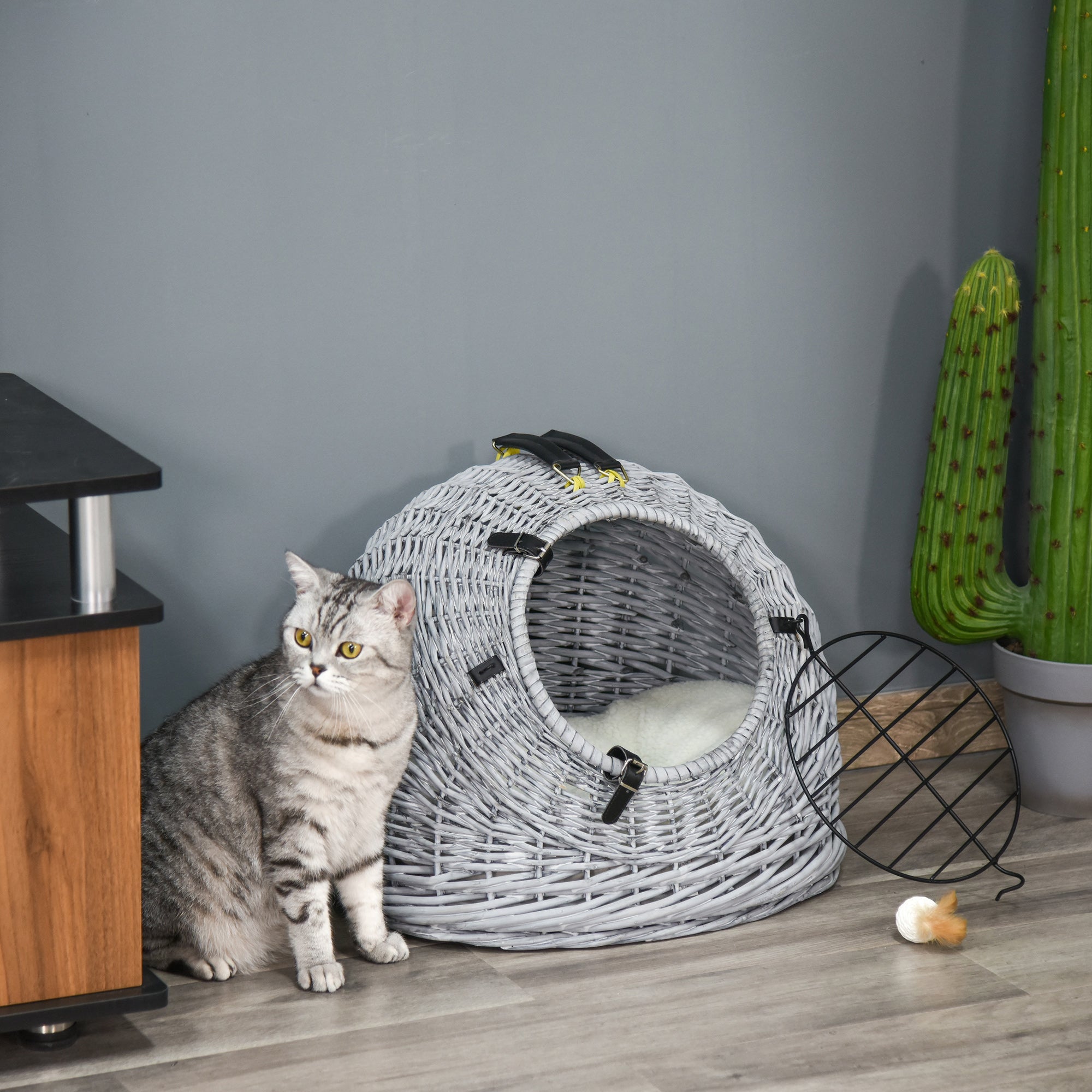 PawHut Wicker Pet Carrier Basket Cat Kitten Bed Portable Travel Cage  w/ Soft Cushion Handle  Grey 50 x 40 x 40 cm
