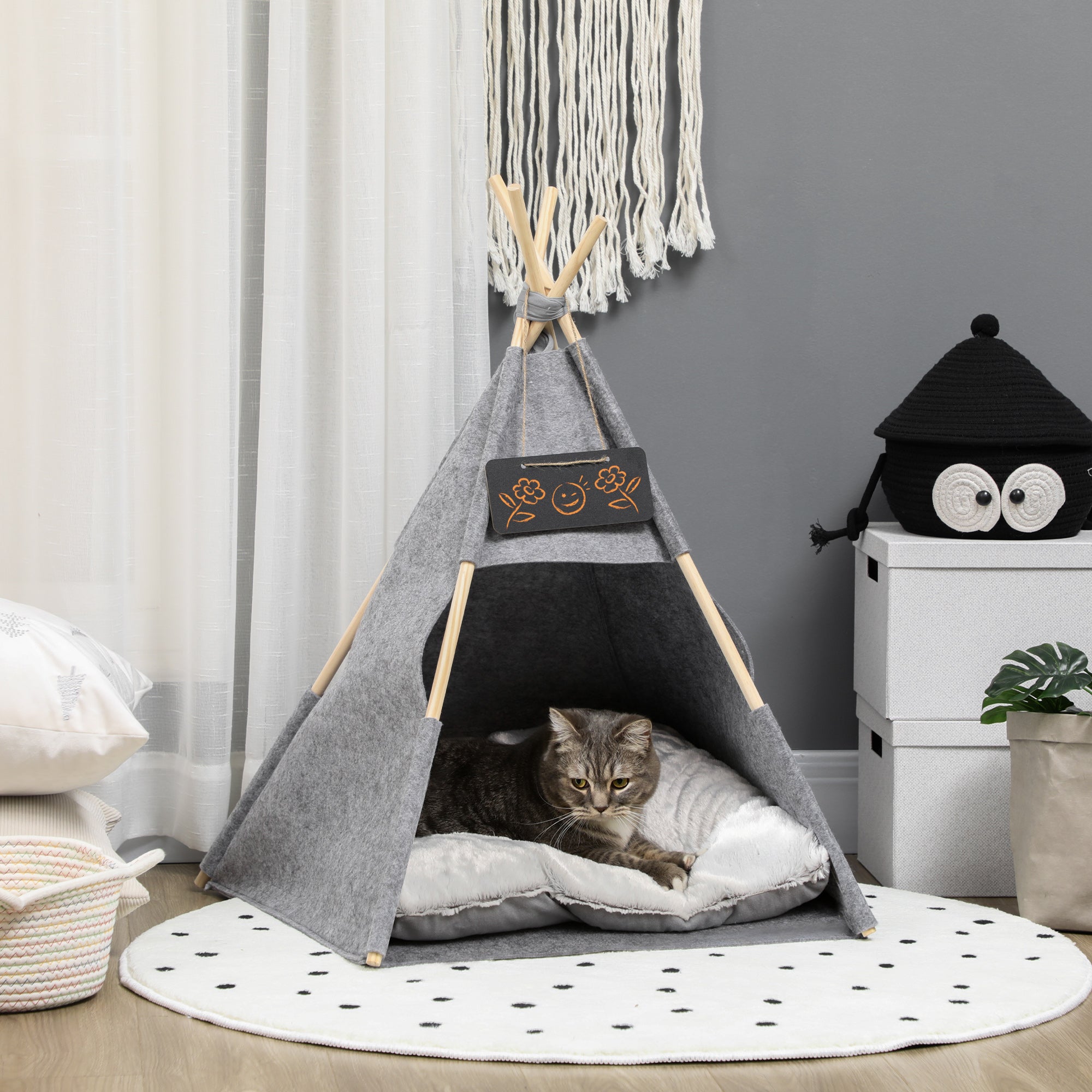 PawHut Pet Teepee Tent Cat Cave Small Dog Bed with Thick Cushion, Name Chalkboard for Kitten and Puppy Grey