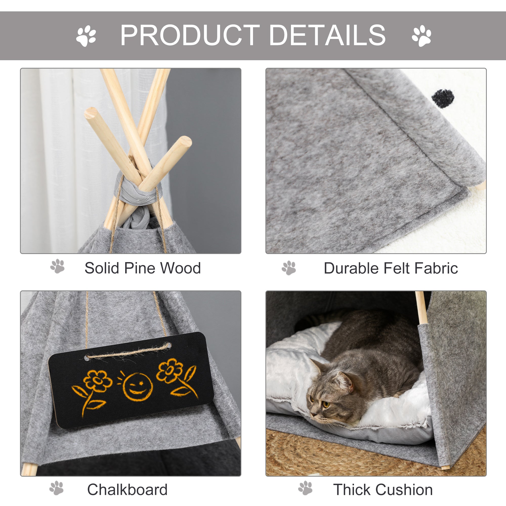 PawHut Pet Teepee Tent Cat Cave Small Dog Bed with Thick Cushion, Name Chalkboard for Kitten and Puppy Grey