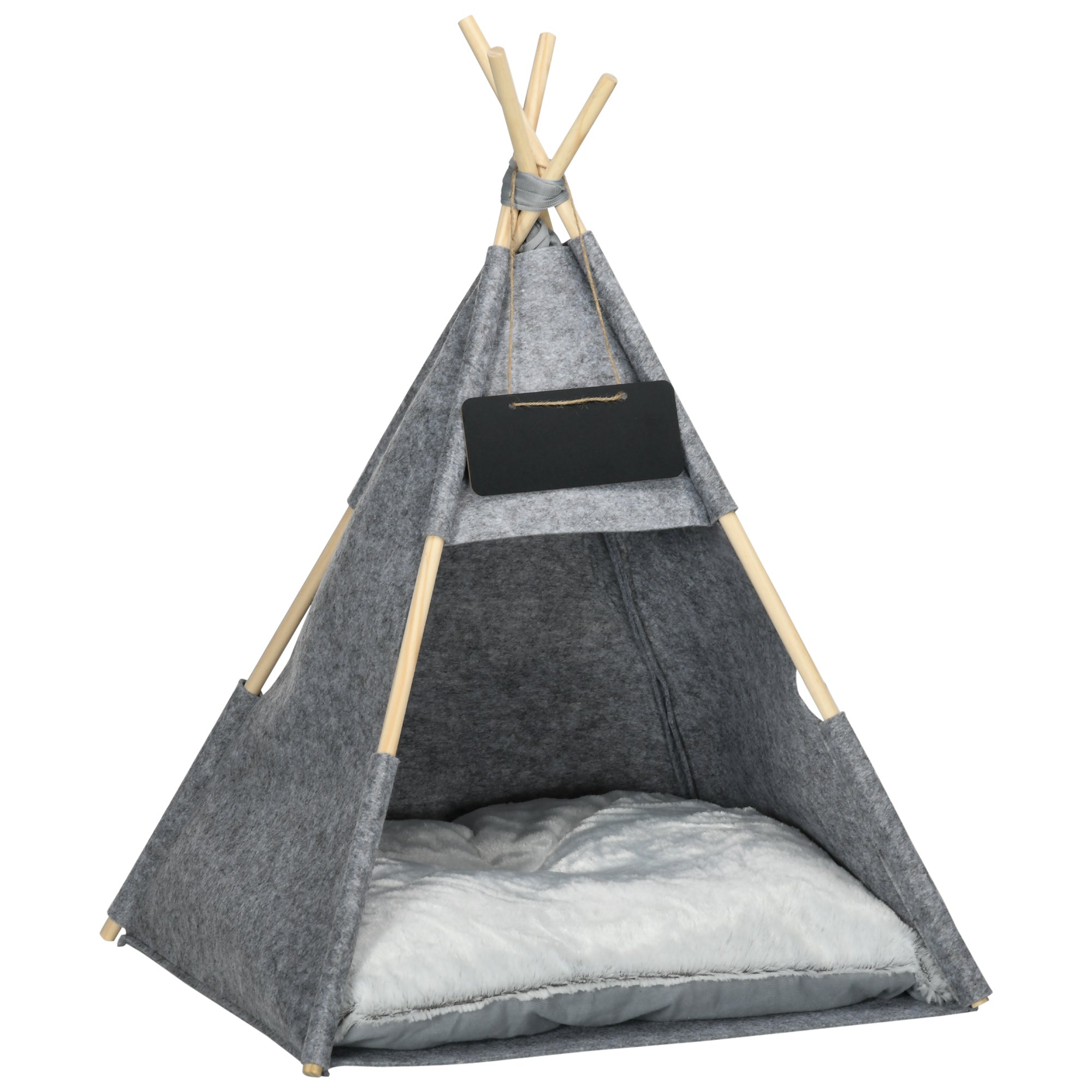 PawHut Pet Teepee Tent Cat Cave Small Dog Bed with Thick Cushion, Name Chalkboard for Kitten and Puppy Grey