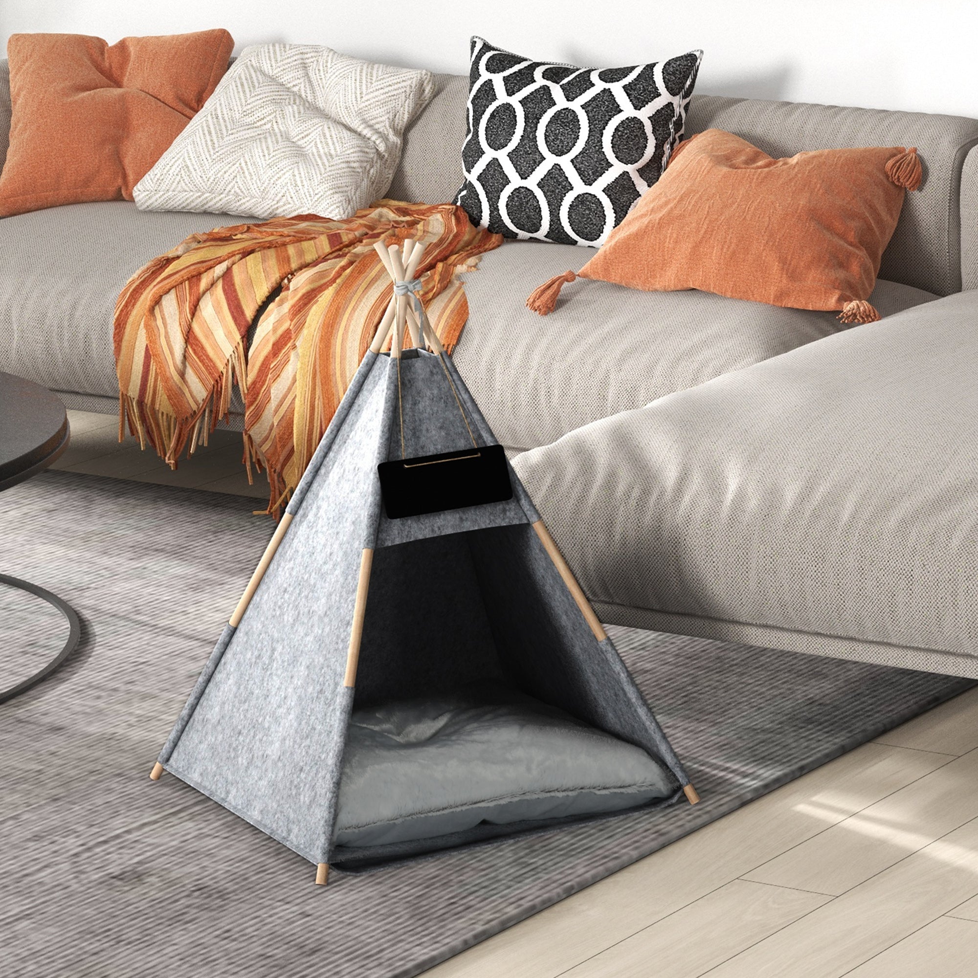 PawHut Pet Teepee Tent Cat Cave Small Dog Bed with Thick Cushion, Name Chalkboard for Kitten and Puppy Grey