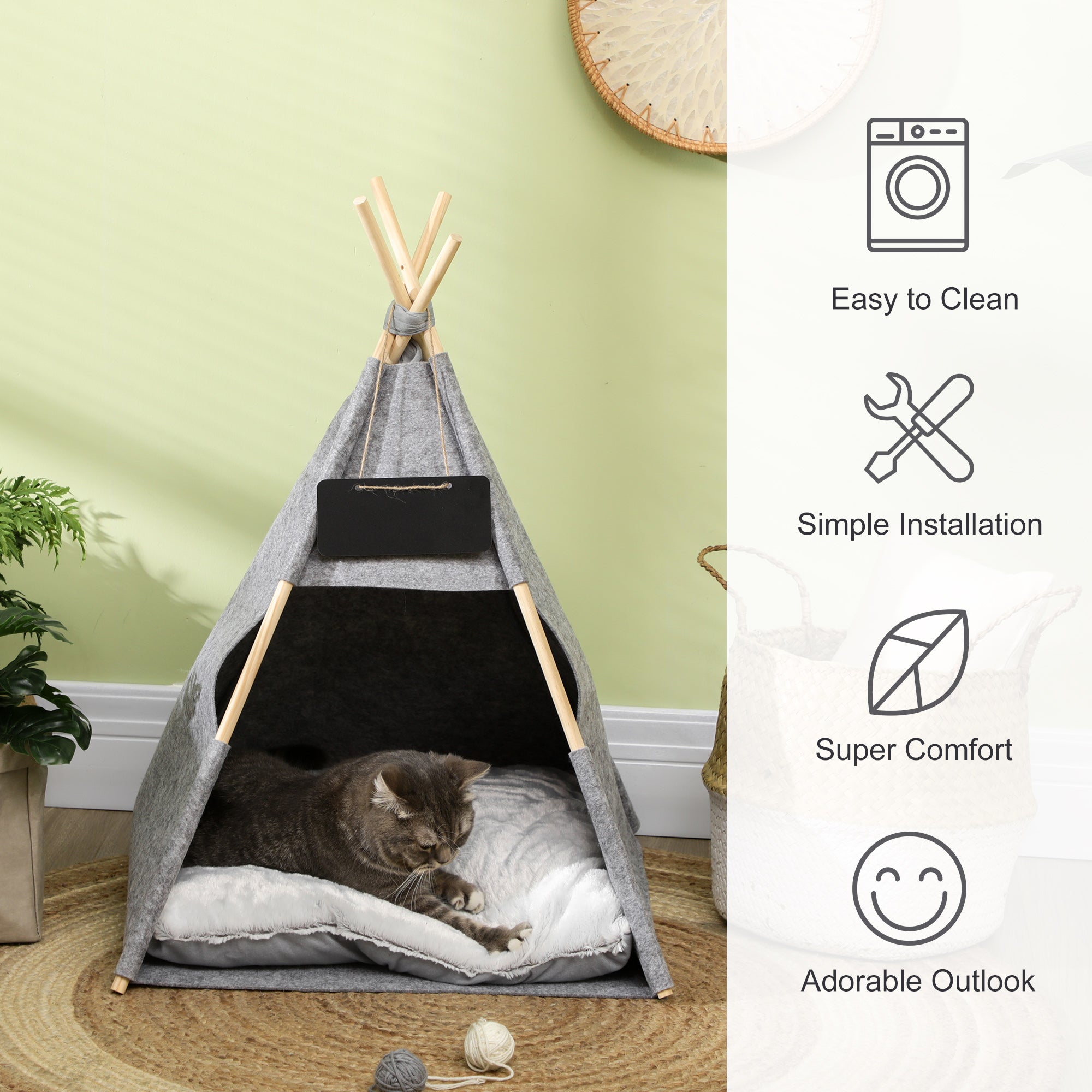 PawHut Pet Teepee Tent Cat Cave Small Dog Bed with Thick Cushion, Name Chalkboard for Kitten and Puppy Grey