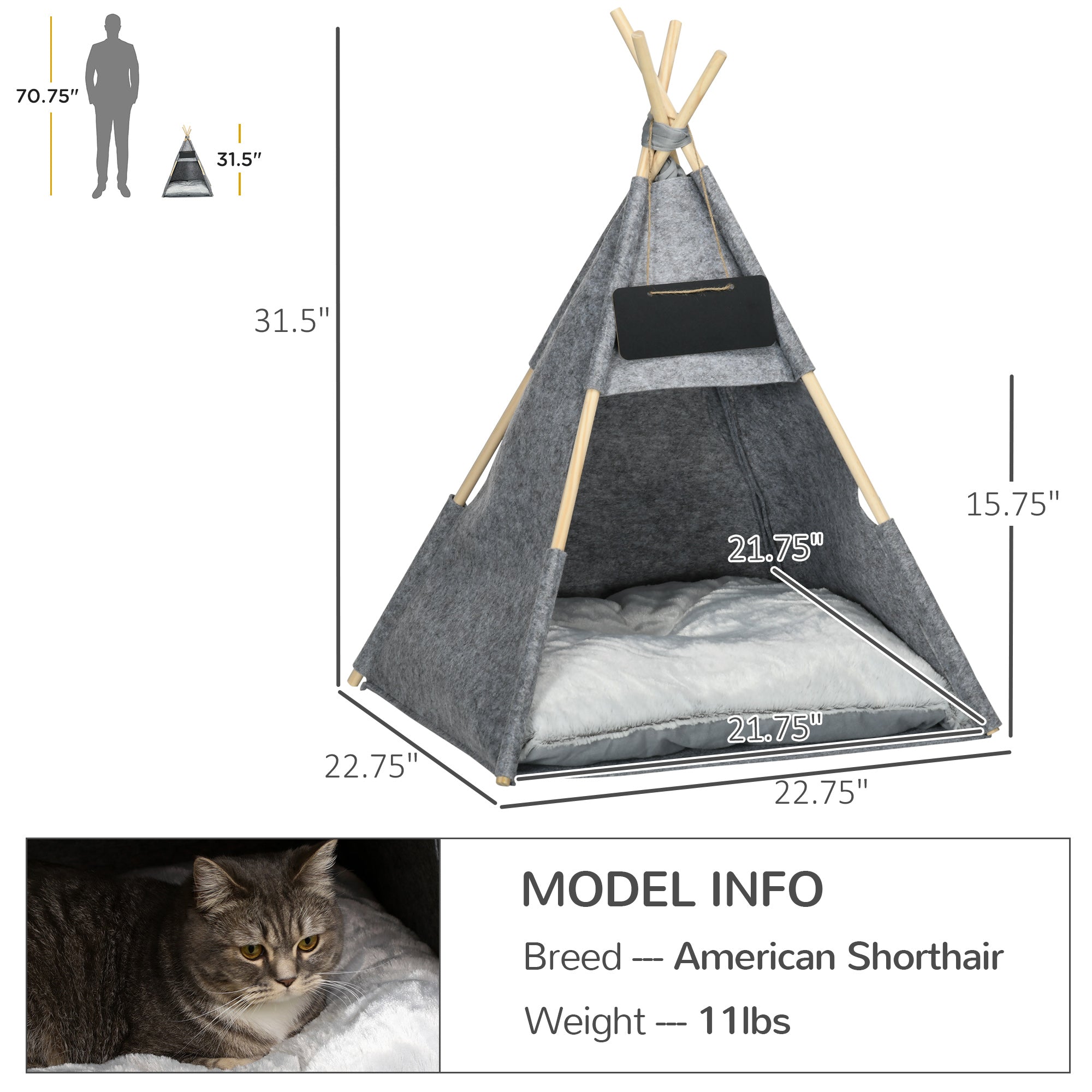 PawHut Pet Teepee Tent Cat Cave Small Dog Bed with Thick Cushion, Name Chalkboard for Kitten and Puppy Grey