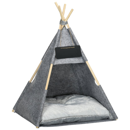 PawHut Pet Teepee Tent Cat Cave Small Dog Bed with Thick Cushion, Name Chalkboard for Kitten and Puppy Grey