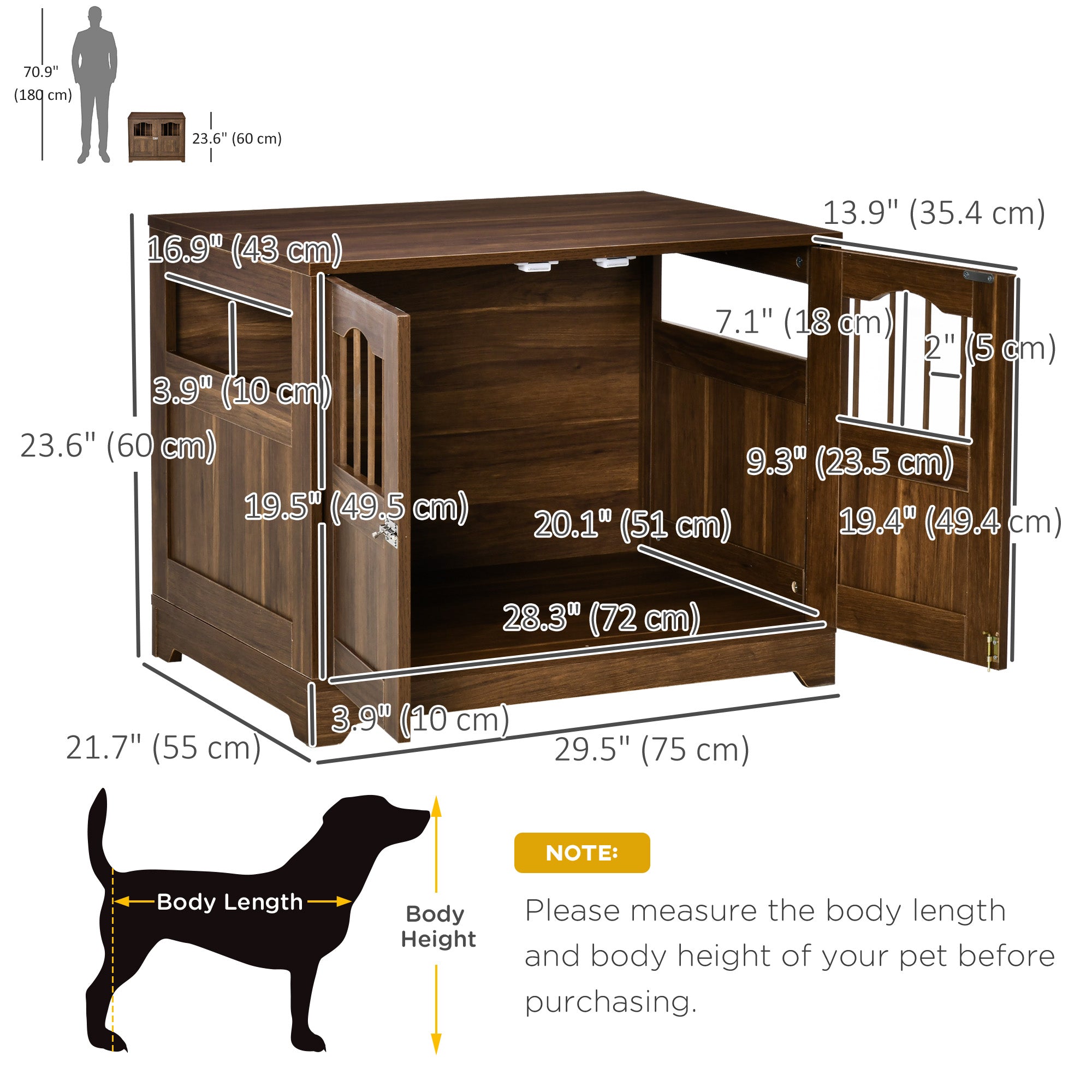 PawHut 29.5" Wooden Dog Cage with Windows, End Table Furniture Style, Modern Pet Kennel with Lockable Doors Elevated Base for Small and Medium-sized Dogs, Brown