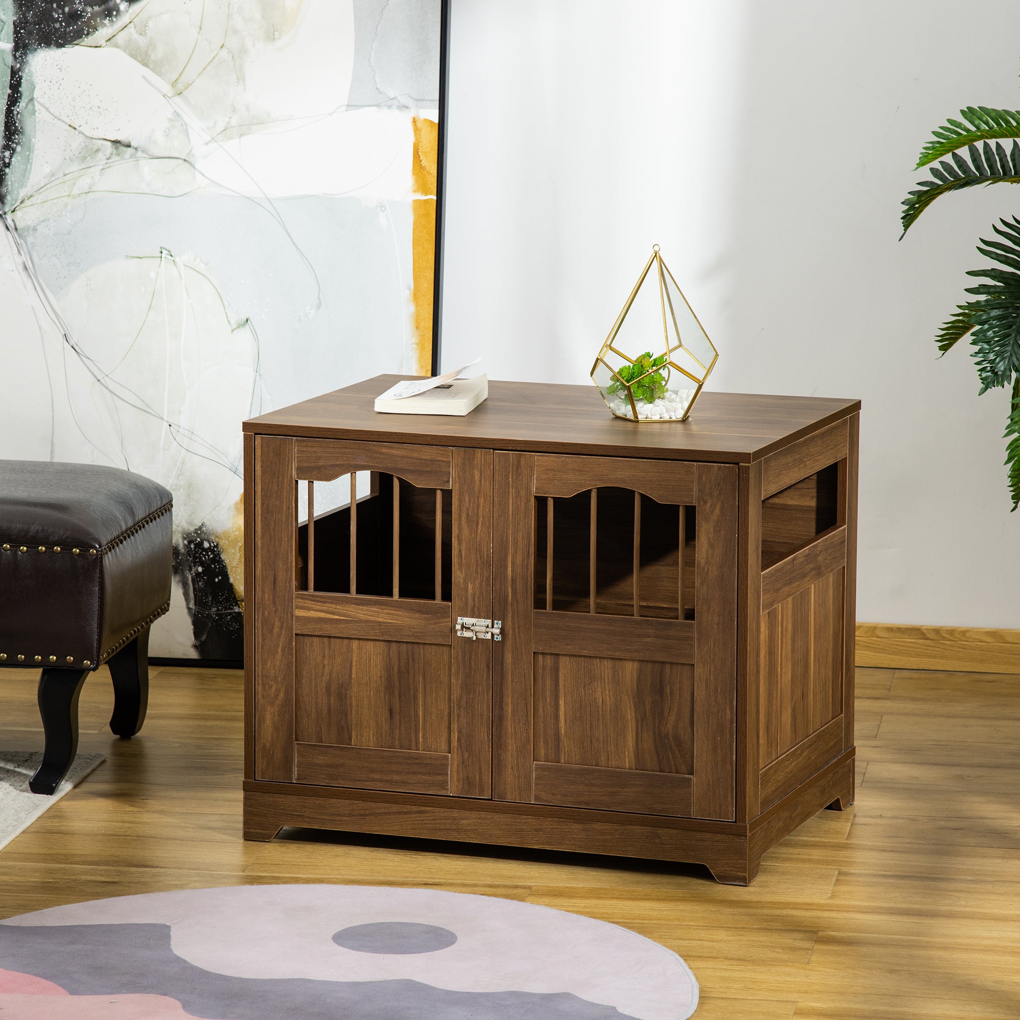 PawHut 29.5" Wooden Dog Cage with Windows, End Table Furniture Style, Modern Pet Kennel with Lockable Doors Elevated Base for Small and Medium-sized Dogs, Brown