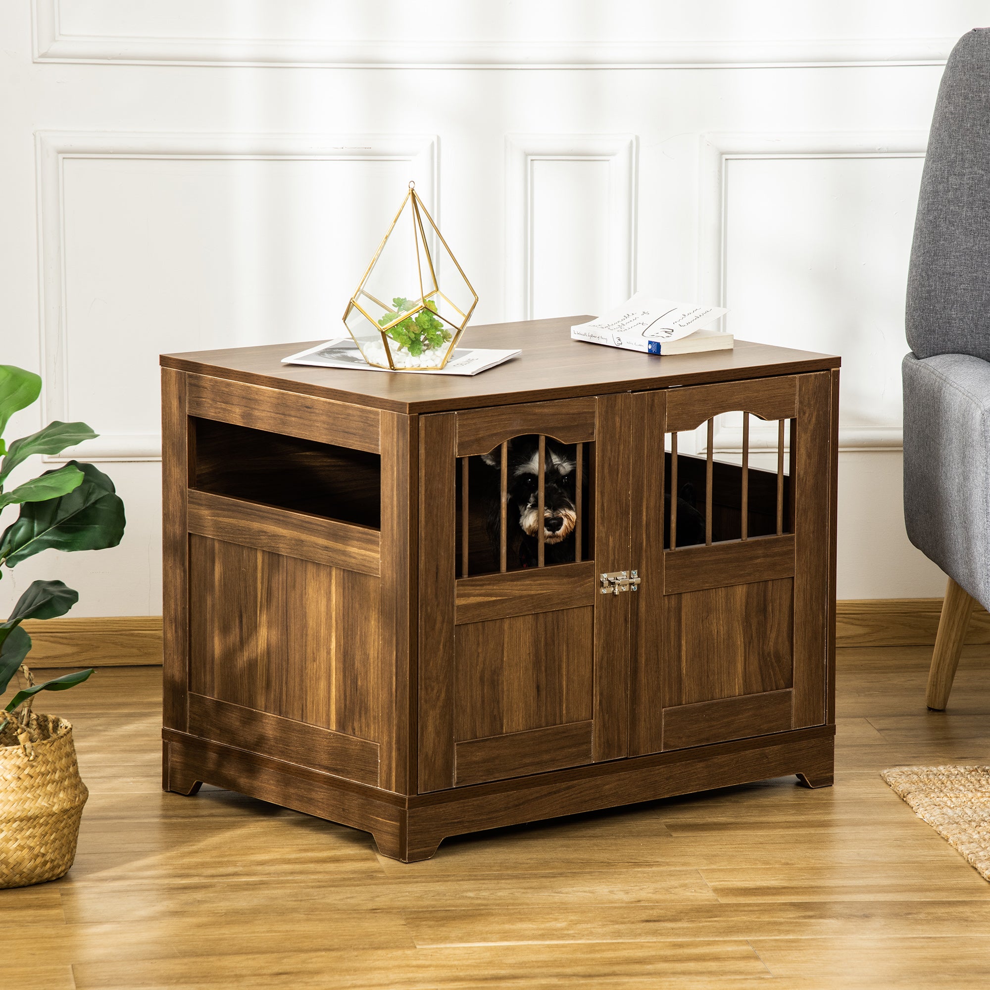 PawHut 29.5" Wooden Dog Cage with Windows, End Table Furniture Style, Modern Pet Kennel with Lockable Doors Elevated Base for Small and Medium-sized Dogs, Brown