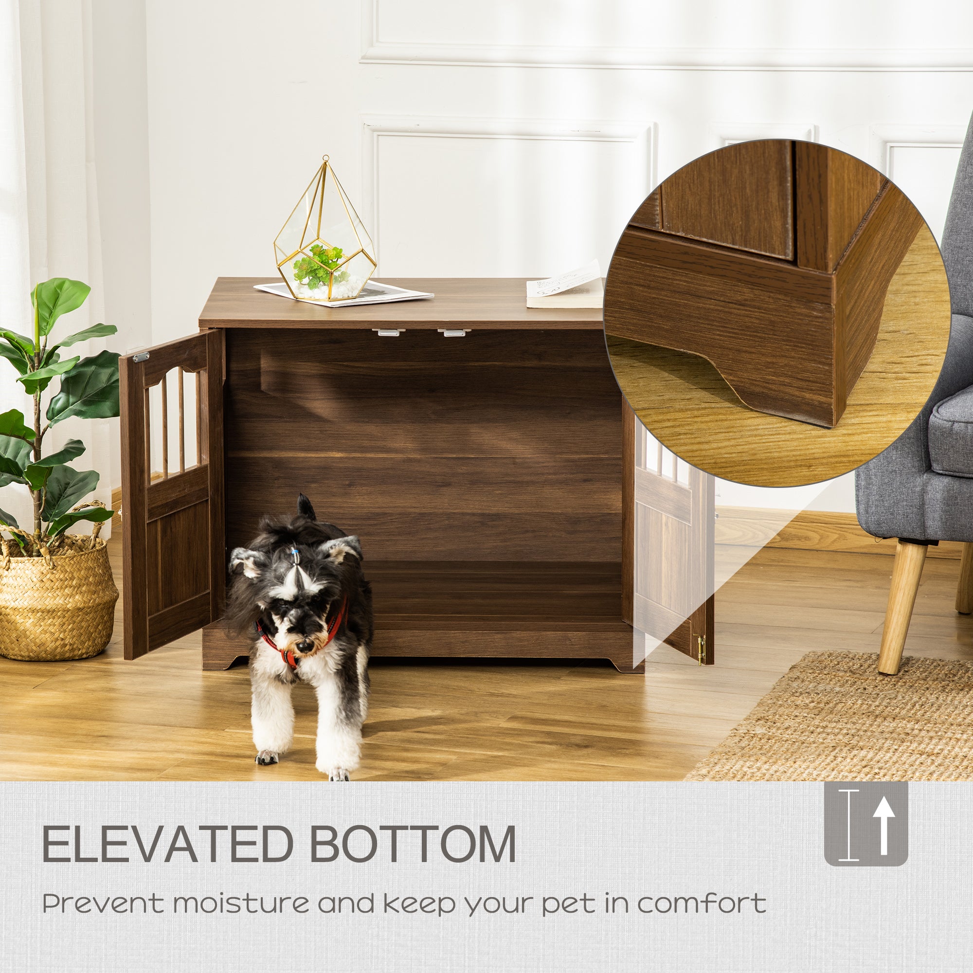 PawHut 29.5" Wooden Dog Cage with Windows, End Table Furniture Style, Modern Pet Kennel with Lockable Doors Elevated Base for Small and Medium-sized Dogs, Brown