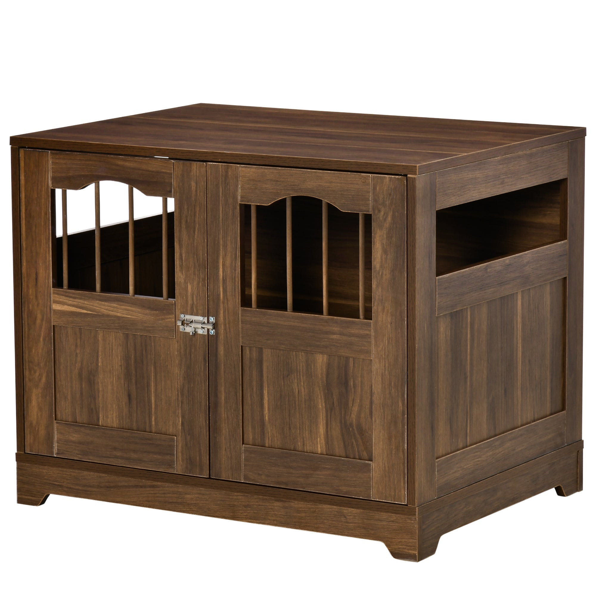 PawHut 29.5" Wooden Dog Cage with Windows, End Table Furniture Style, Modern Pet Kennel with Lockable Doors Elevated Base for Small and Medium-sized Dogs, Brown