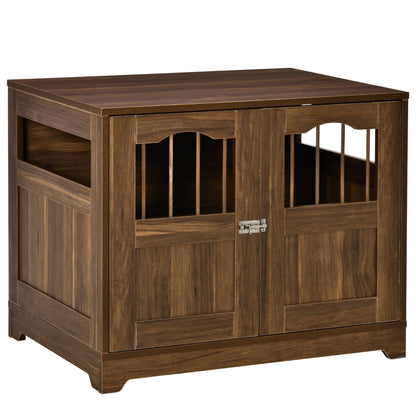 PawHut 29.5" Wooden Dog Cage with Windows, End Table Furniture Style, Modern Pet Kennel with Lockable Doors Elevated Base for Small and Medium-sized Dogs, Brown
