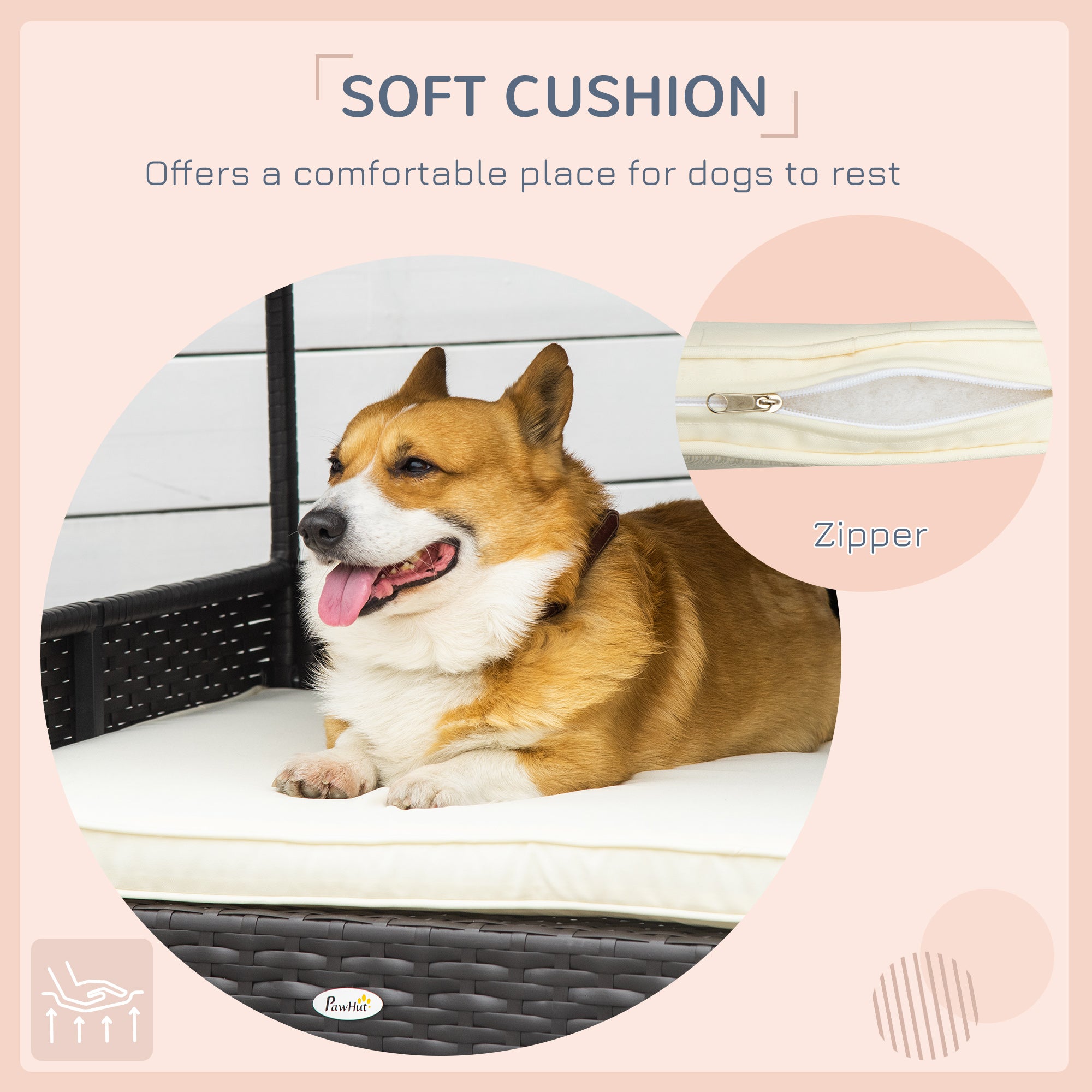 PawHut Wicker Dog Bed, Elevated Rattan Dog House with Removable Cushion and Canopy, for Small and Medium Dogs, 98 x 69 x 70cm - Cream