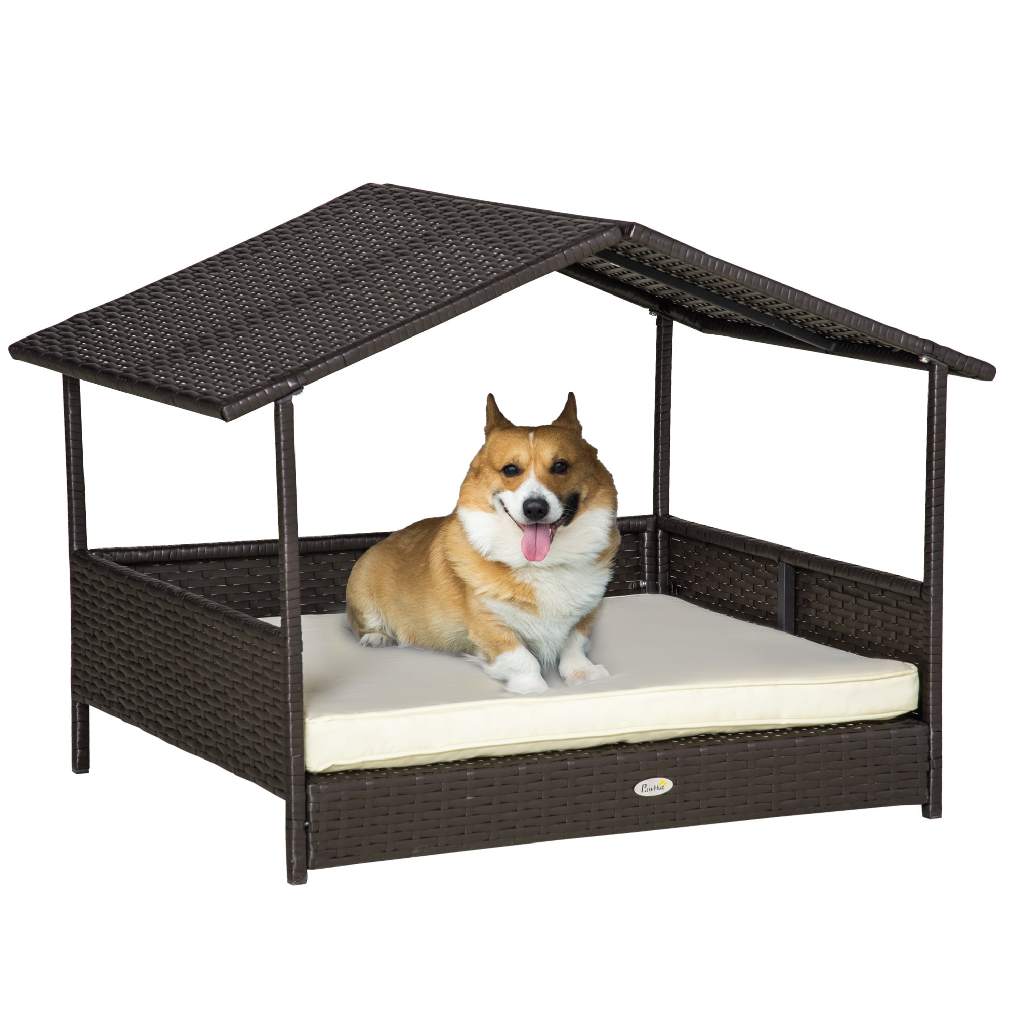 PawHut Elevated Rattan Dog House Outdoor with Canopy, Wicker Dog Bed with Water-Resistant Cushion, for Small and Medium Dogs Cream White