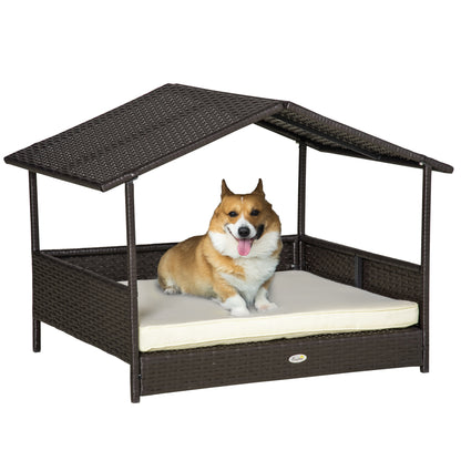 PawHut Elevated Rattan Dog House Outdoor with Canopy, Wicker Dog Bed with Water-Resistant Cushion, for Small and Medium Dogs Cream White