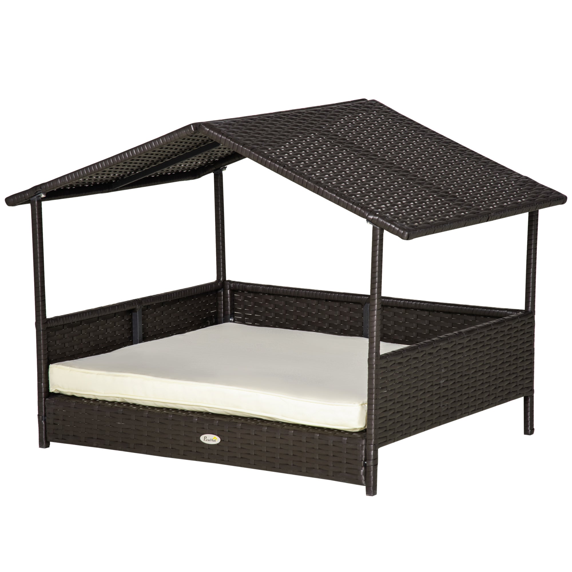 PawHut Elevated Rattan Dog House Outdoor with Canopy, Wicker Dog Bed with Water-Resistant Cushion, for Small and Medium Dogs Cream White