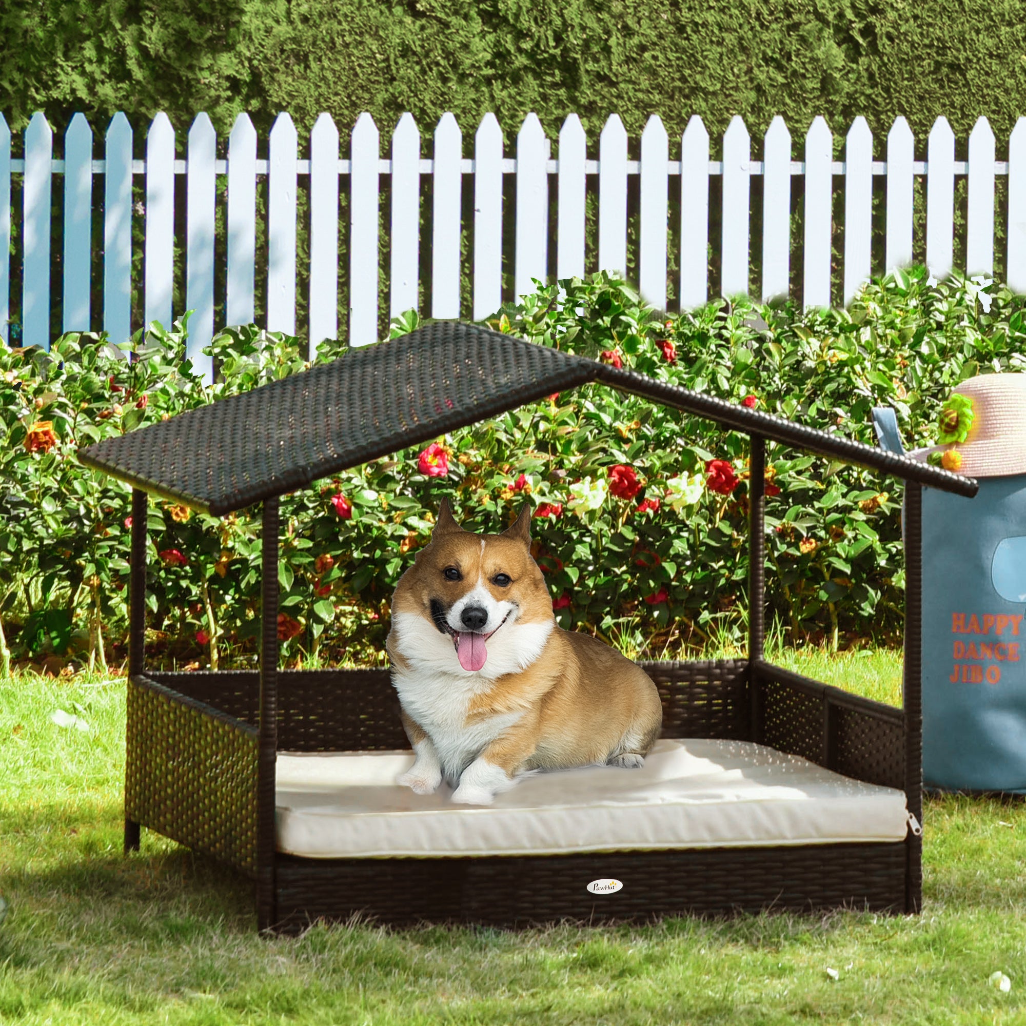 PawHut Elevated Rattan Dog House Outdoor with Canopy, Wicker Dog Bed with Water-Resistant Cushion, for Small and Medium Dogs Cream White