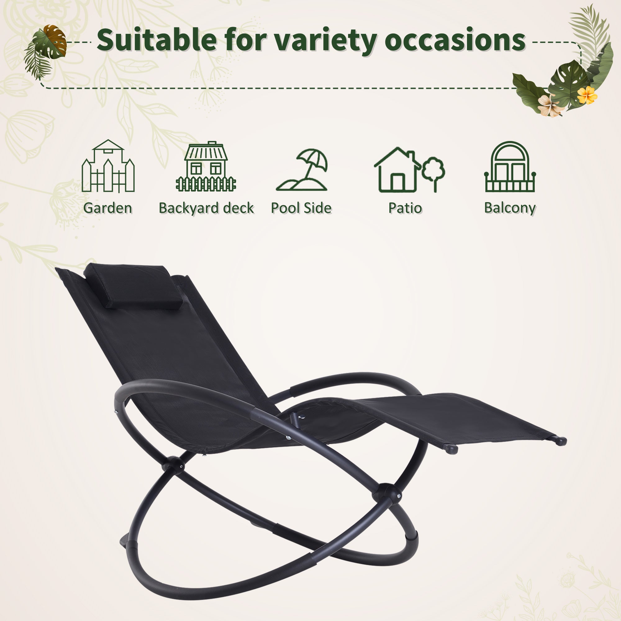 Outsunny Orbital Foldable Zero Gravity Lounger Seat Outdoor Patio Chaise Lounge Garden Rocking Chair w/ Pillow Black