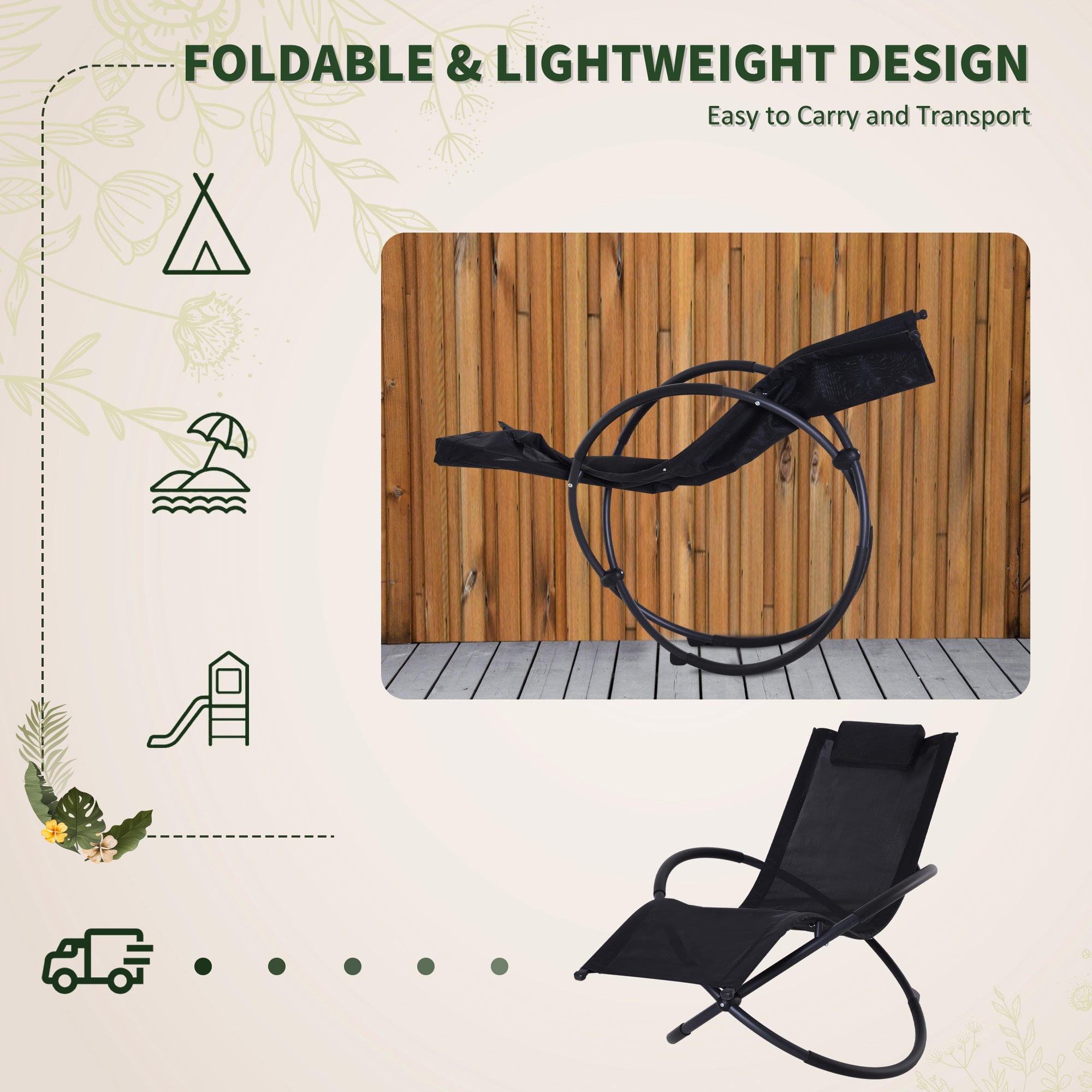 Outsunny Orbital Foldable Zero Gravity Lounger Seat Outdoor Patio Chaise Lounge Garden Rocking Chair w/ Pillow Black