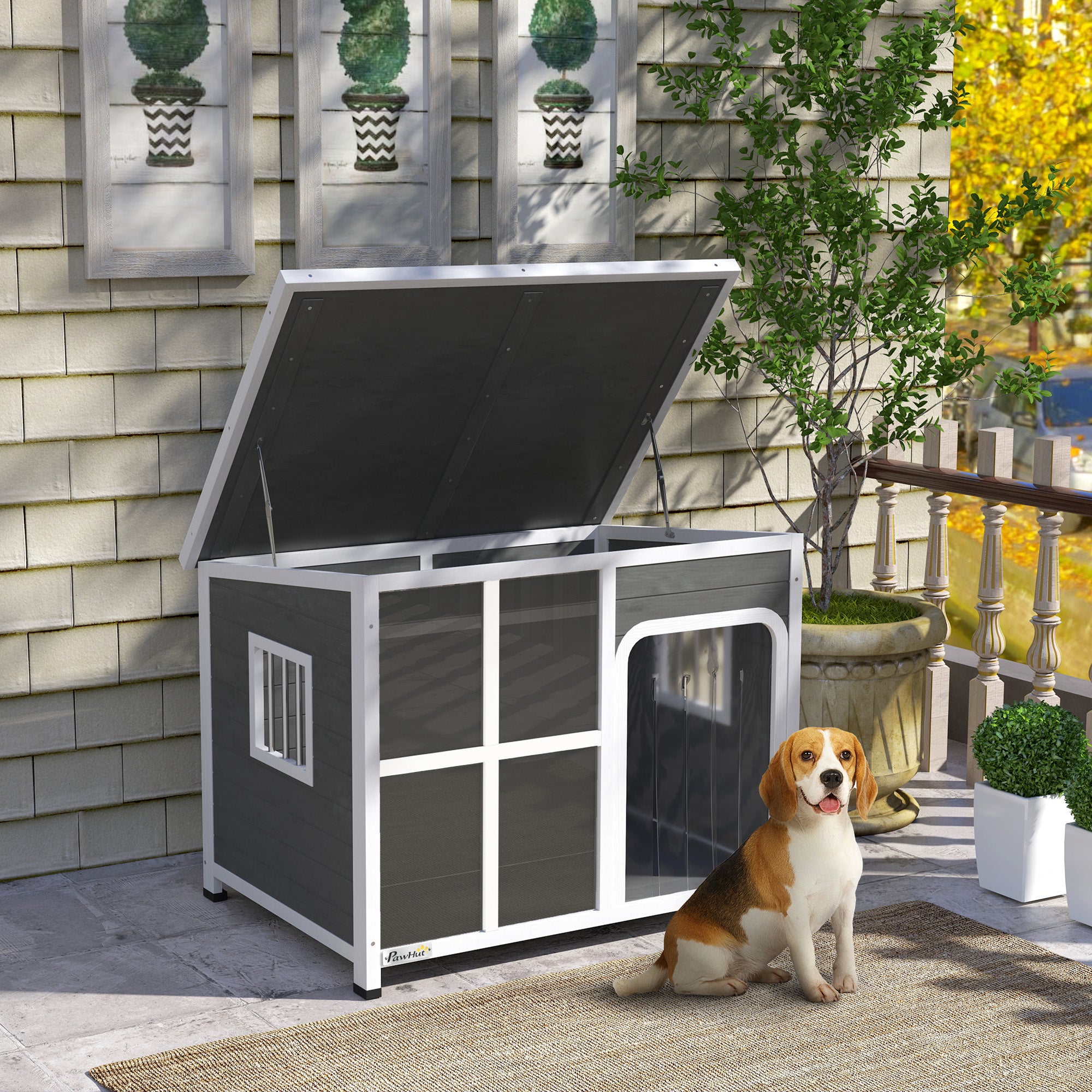 PawHut Dog Kennel Outdoor, Wooden Dog House with Asphalt Openable Top, Removable Floor, Clear Front Panel, Curtain, Windows, Dog Shelter for Small Medium Large Dogs, 103 x 77 x 83cm, Light Grey