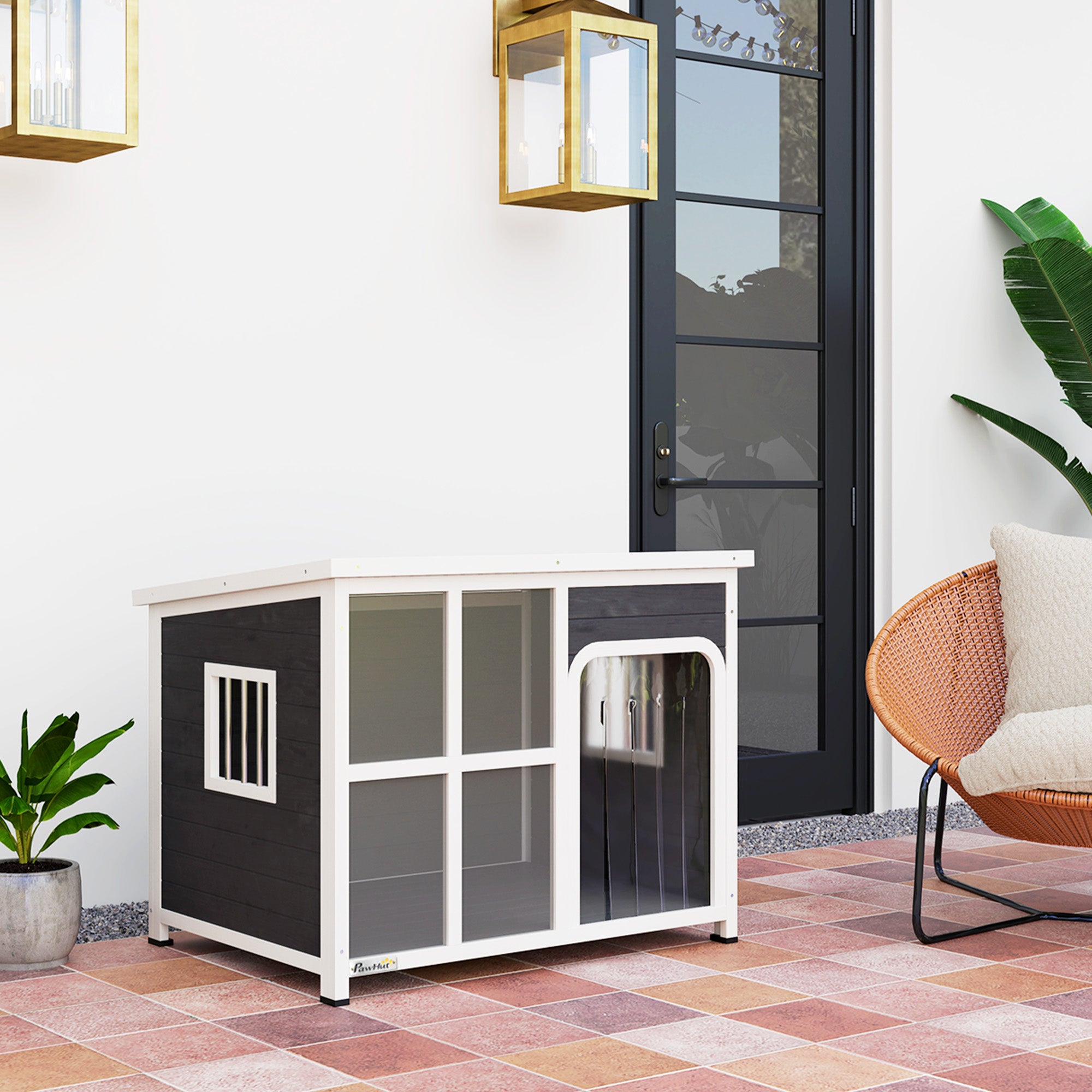PawHut Dog Kennel Outdoor, Wooden Dog House with Asphalt Openable Top, Removable Floor, Clear Front Panel, Curtain, Windows, Dog Shelter for Small Medium Large Dogs, 103 x 77 x 83cm, Light Grey