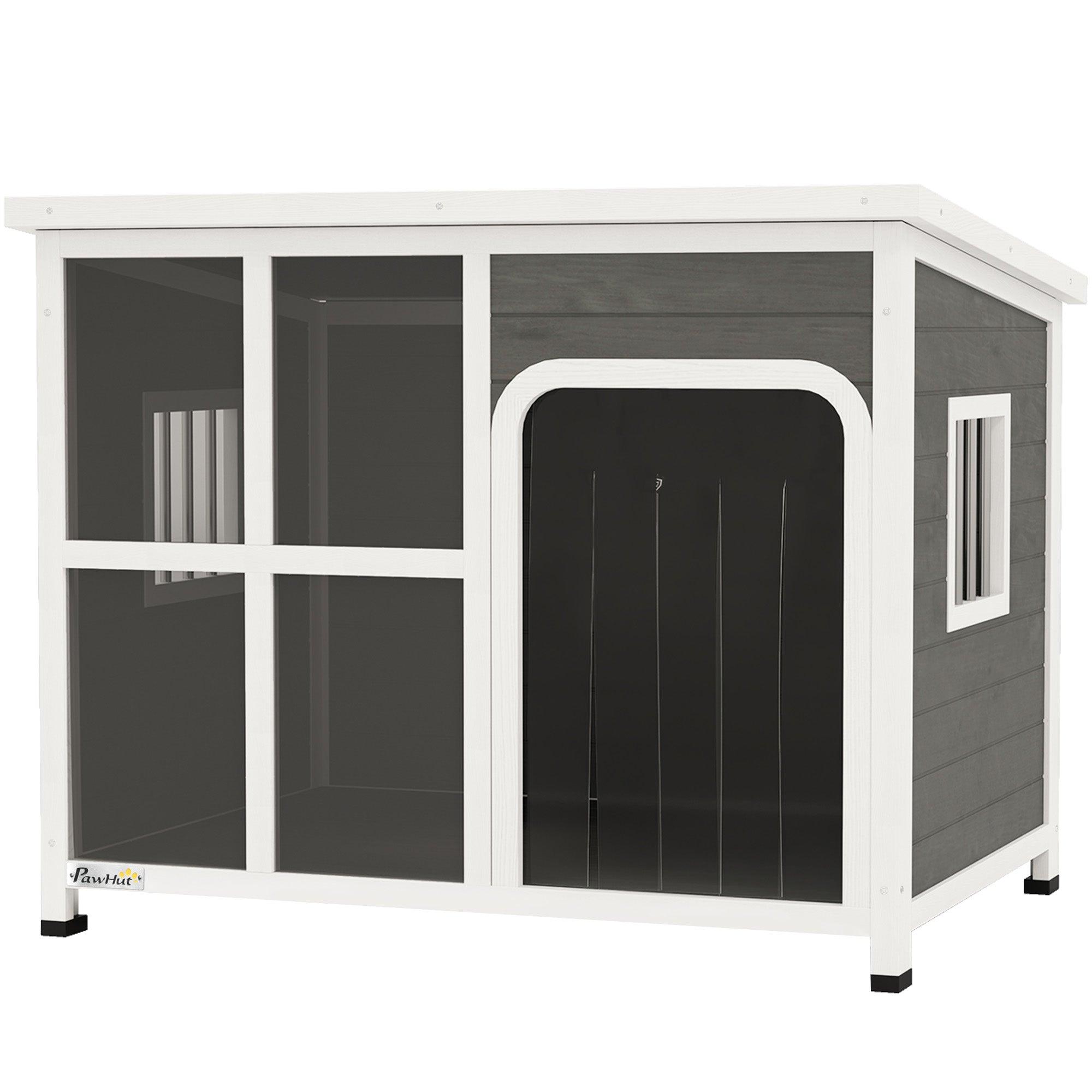 PawHut Dog Kennel Outdoor, Wooden Dog House with Asphalt Openable Top, Removable Floor, Clear Front Panel, Curtain, Windows, Dog Shelter for Small Medium Large Dogs, 103 x 77 x 83cm, Light Grey