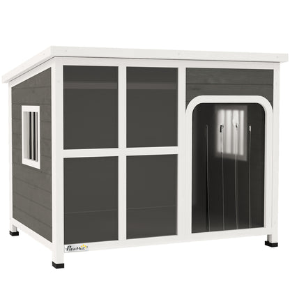 PawHut Dog Kennel Outdoor, Wooden Dog House with Asphalt Openable Top, Removable Floor, Clear Front Panel, Curtain, Windows, Dog Shelter for Small Medium Large Dogs, 103 x 77 x 83cm, Light Grey
