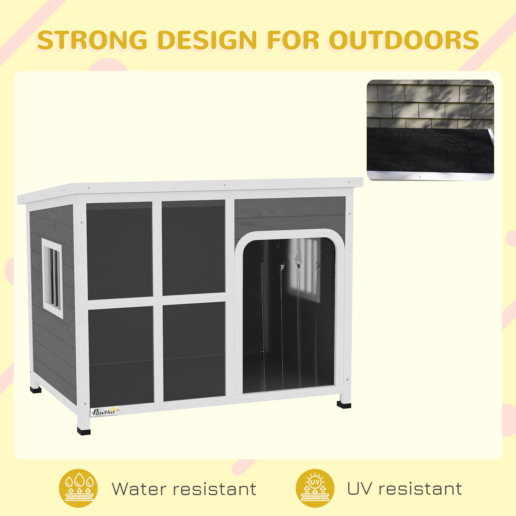 PawHut Dog Kennel Outdoor, Wooden Dog House with Asphalt Openable Top, Removable Floor, Clear Front Panel, Curtain, Windows, Dog Shelter for Small Medium Large Dogs, 103 x 77 x 83cm, Light Grey