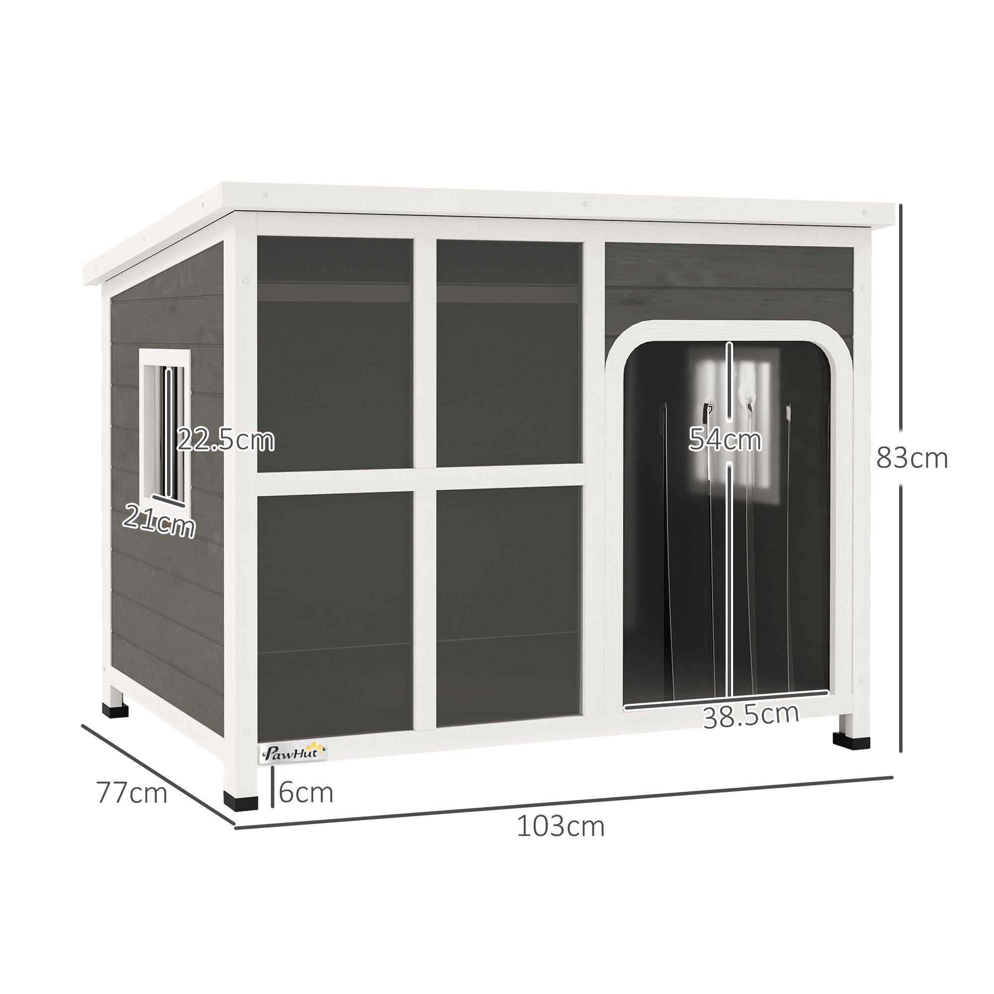 PawHut Dog Kennel Outdoor, Wooden Dog House with Asphalt Openable Top, Removable Floor, Clear Front Panel, Curtain, Windows, Dog Shelter for Small Medium Large Dogs, 103 x 77 x 83cm, Light Grey
