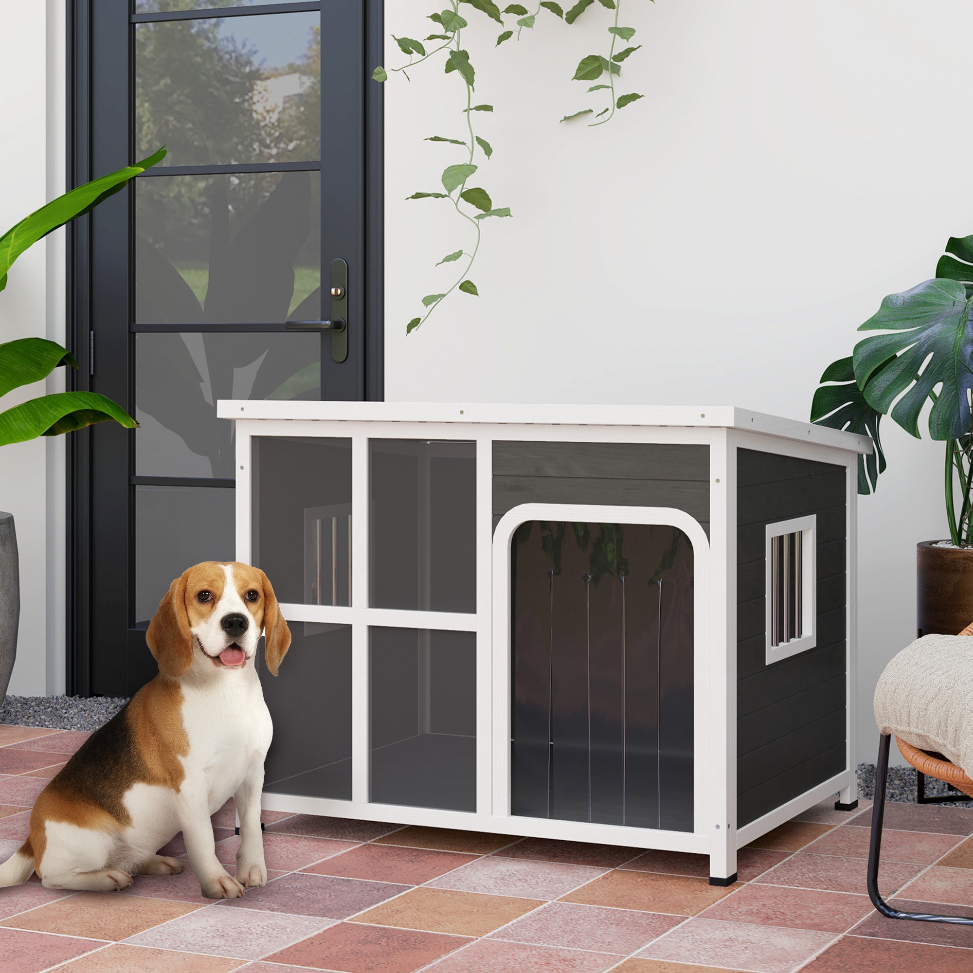 PawHut Dog Kennel Outdoor, Wooden Dog House with Asphalt Openable Top, Removable Floor, Clear Front Panel, Curtain, Windows, Dog Shelter for Small Medium Large Dogs, 103 x 77 x 83cm, Light Grey