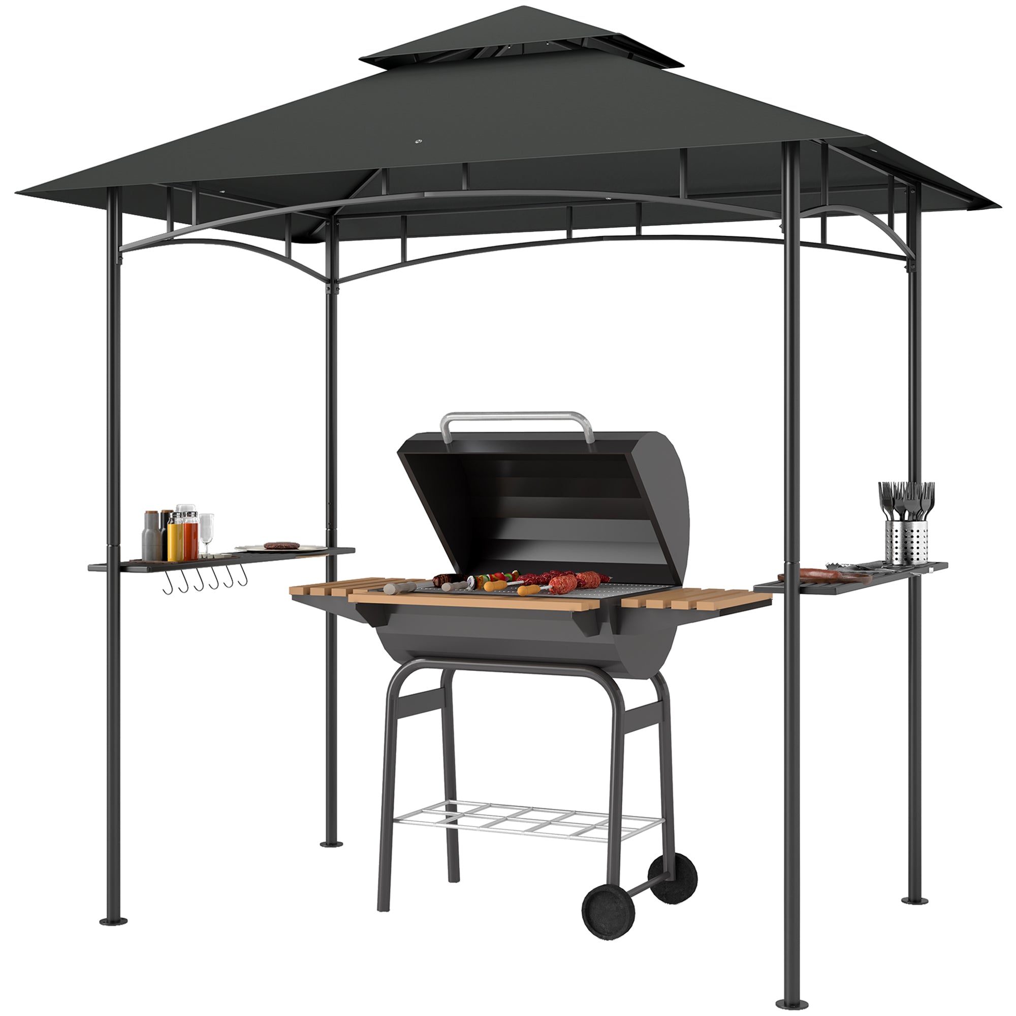 Outsunny 8' x 5' Grill Gazebo with LED Lights, Double Tiered Outdoor BBQ Gazebo Canopy with 2 Side Shelves, Storage Basket and Hooks for Patio, Garden, Backyard, Dark Grey