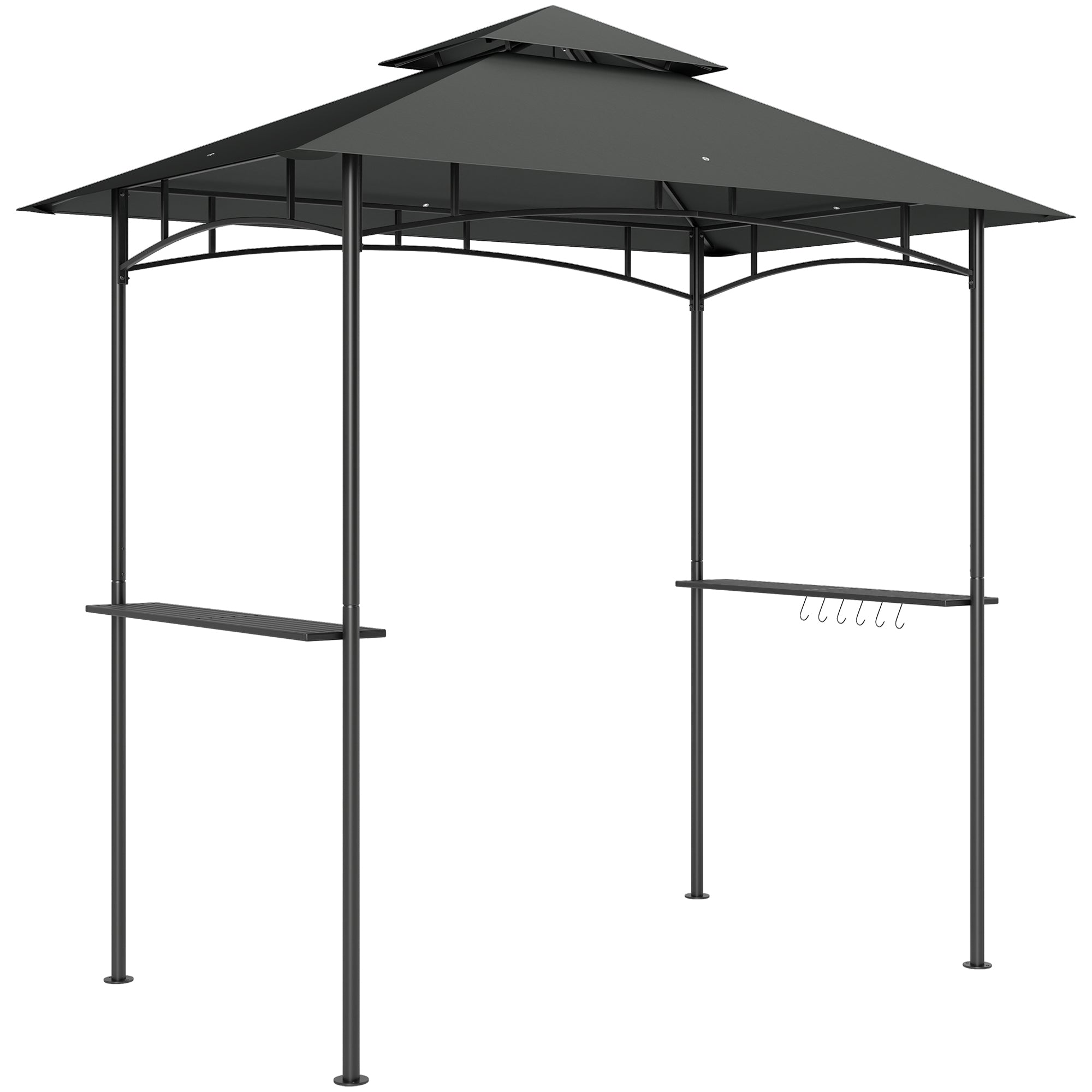 Outsunny 2.4 x 1.5 m (8' x 5') Grill Gazebo Canopy with LED Lights, Double Tiered Outdoor BBQ Gazebo Shelter with 2 Side Shelves, Storage Basket and Hooks for Garden, Barbecue, Picnic, Dark Grey