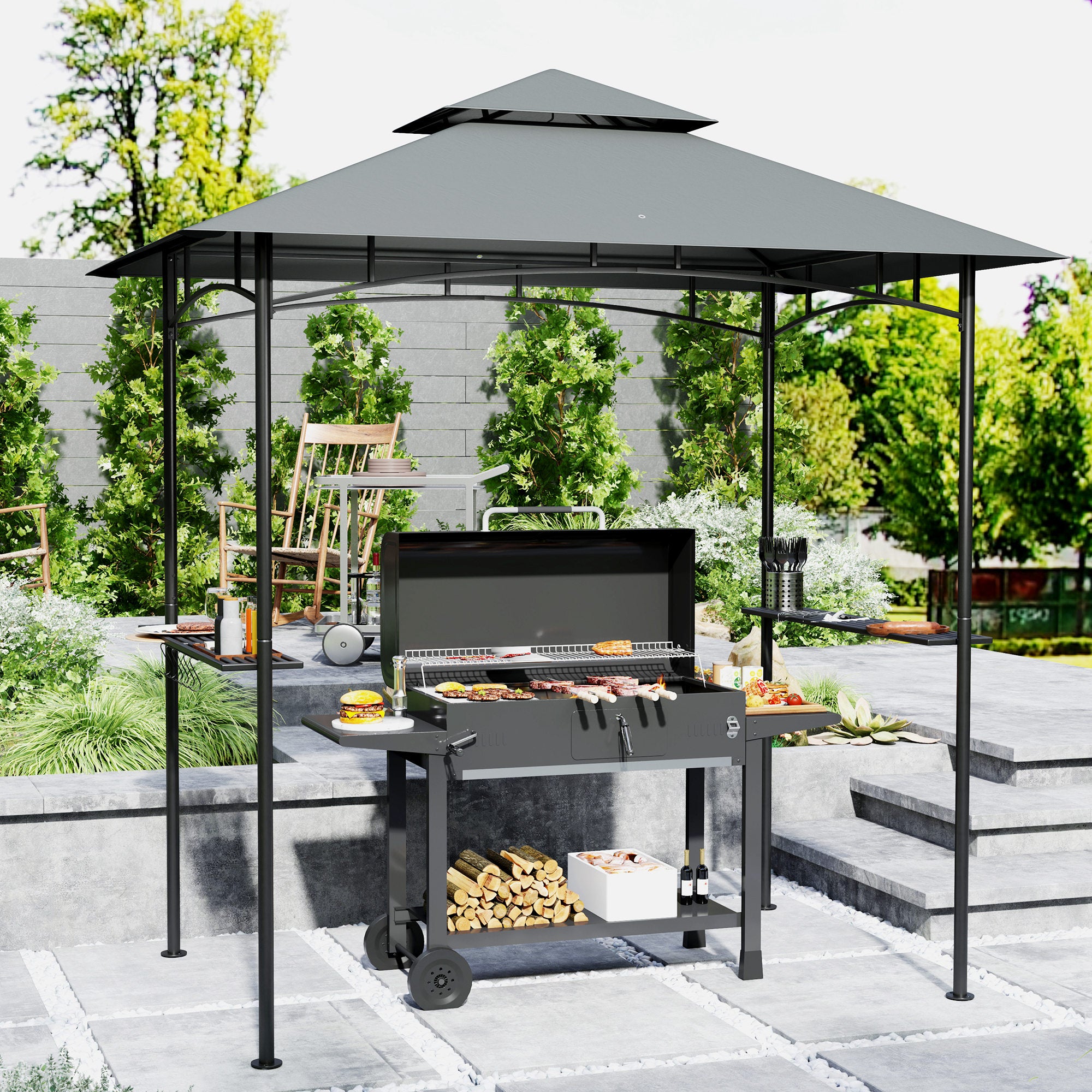 Outsunny 8' x 5' Grill Gazebo with LED Lights, Double Tiered Outdoor BBQ Gazebo Canopy with 2 Side Shelves, Storage Basket and Hooks for Patio, Garden, Backyard, Dark Grey