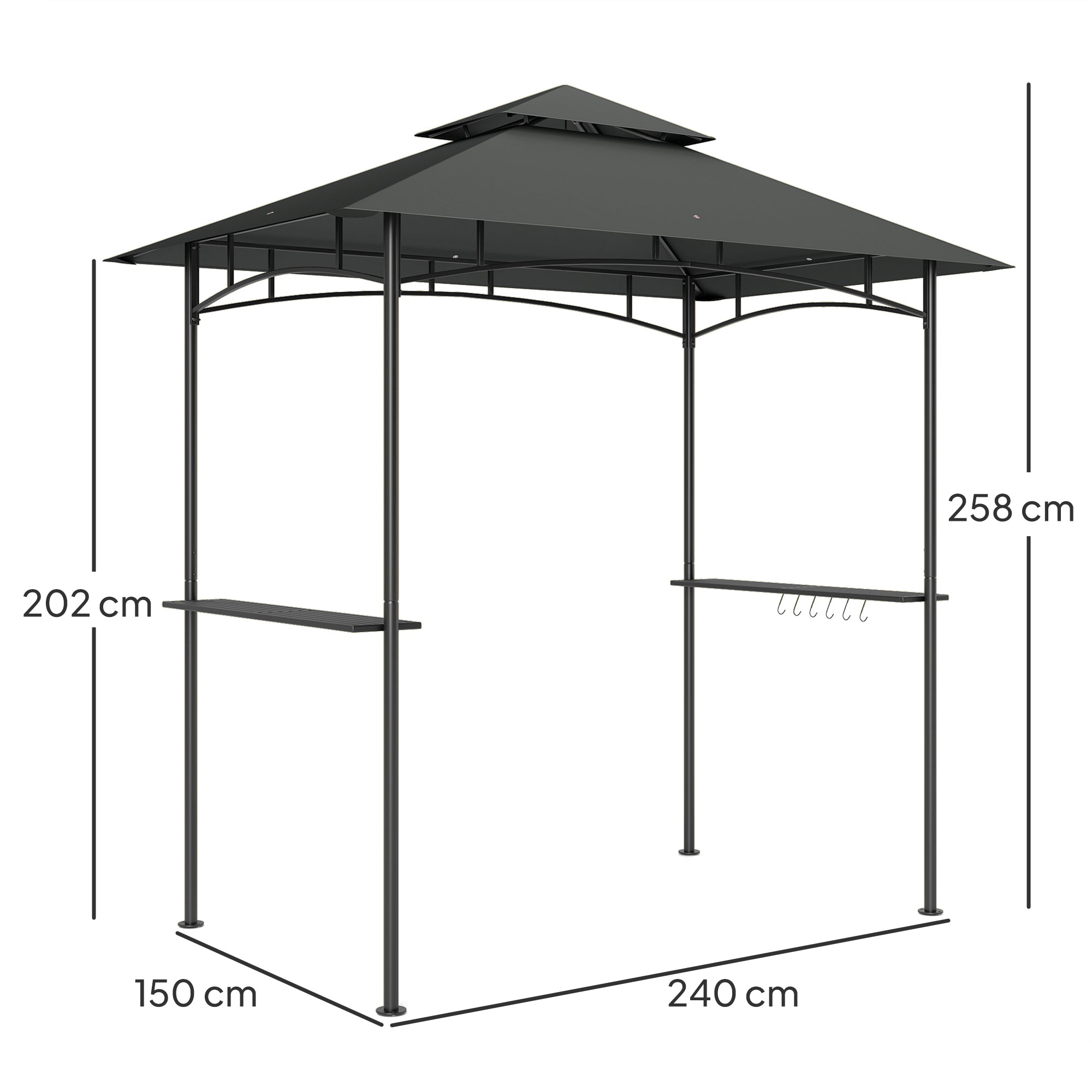 Outsunny 2.4 x 1.5 m (8' x 5') Grill Gazebo Canopy with LED Lights, Double Tiered Outdoor BBQ Gazebo Shelter with 2 Side Shelves, Storage Basket and Hooks for Garden, Barbecue, Picnic, Dark Grey