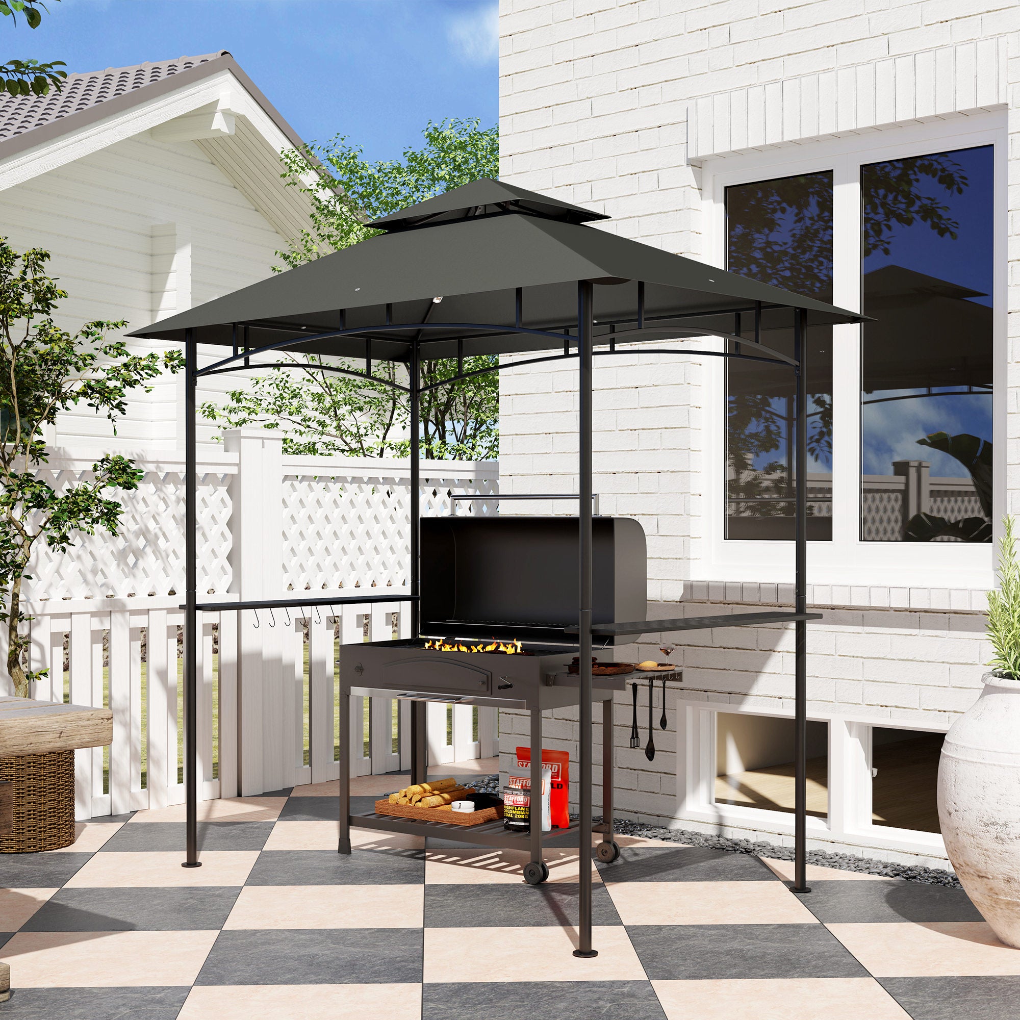 Outsunny 2.4 x 1.5 m (8' x 5') Grill Gazebo Canopy with LED Lights, Double Tiered Outdoor BBQ Gazebo Shelter with 2 Side Shelves, Storage Basket and Hooks for Garden, Barbecue, Picnic, Dark Grey