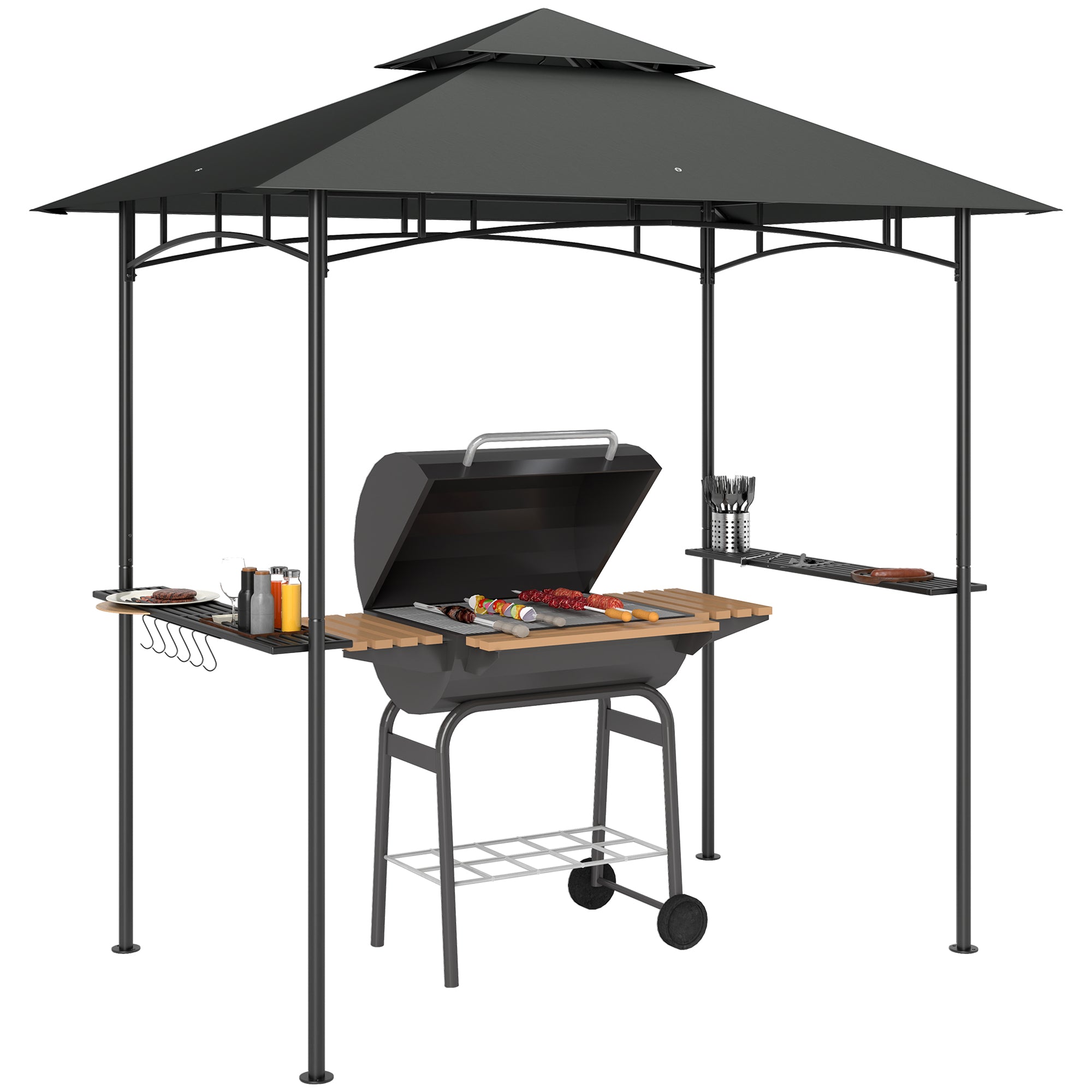 Outsunny 8' x 5' Grill Gazebo with LED Lights, Double Tiered Outdoor BBQ Gazebo Canopy with 2 Side Shelves, Storage Basket and Hooks for Patio, Garden, Backyard, Dark Grey