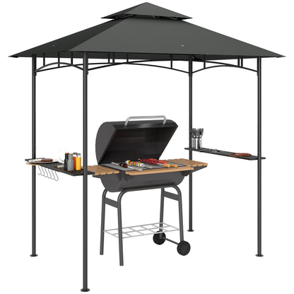 Outsunny 8' x 5' Grill Gazebo with LED Lights, Double Tiered Outdoor BBQ Gazebo Canopy with 2 Side Shelves, Storage Basket and Hooks for Patio, Garden, Backyard, Dark Grey