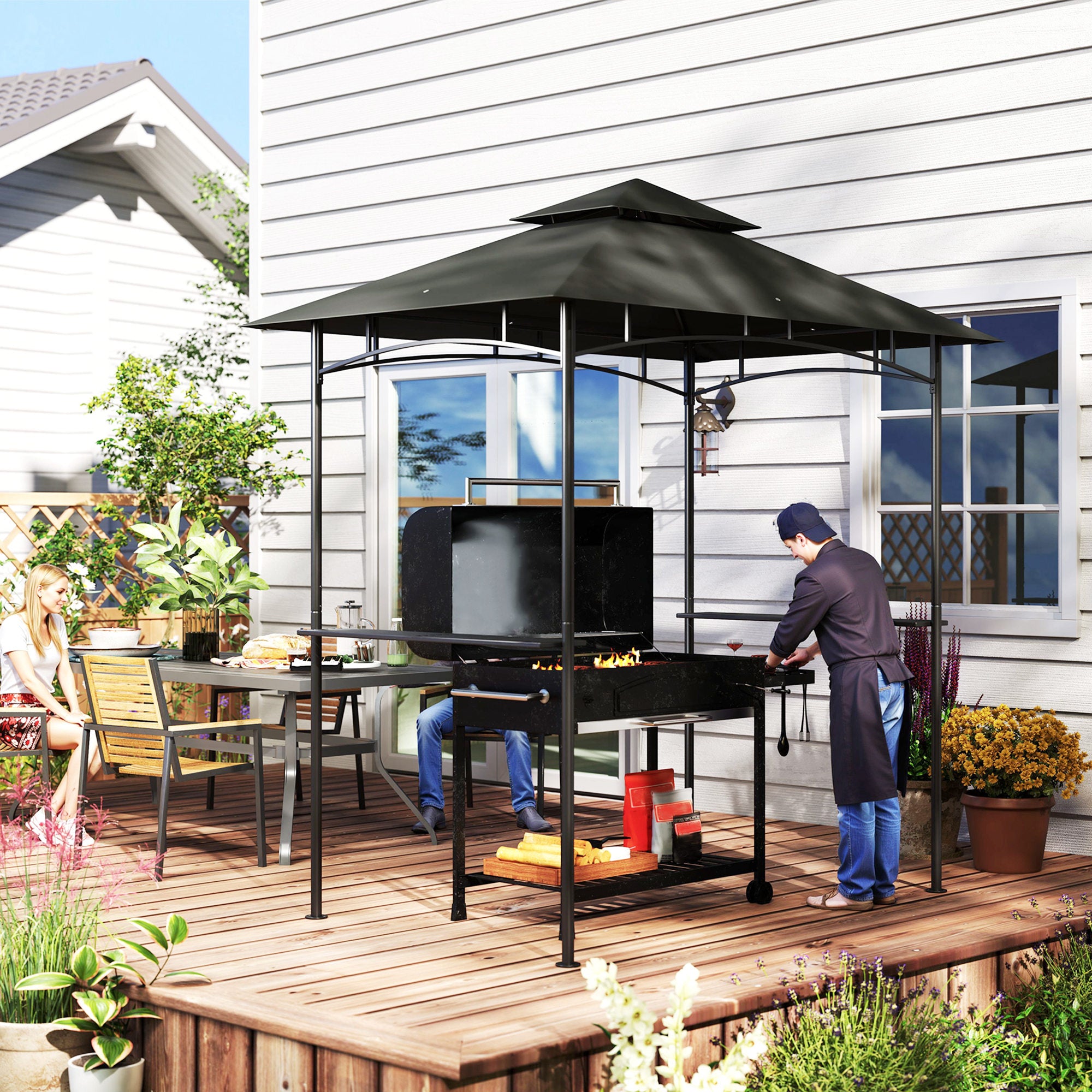 Outsunny 8' x 5' Grill Gazebo with LED Lights, Double Tiered Outdoor BBQ Gazebo Canopy with 2 Side Shelves, Storage Basket and Hooks for Patio, Garden, Backyard, Dark Grey