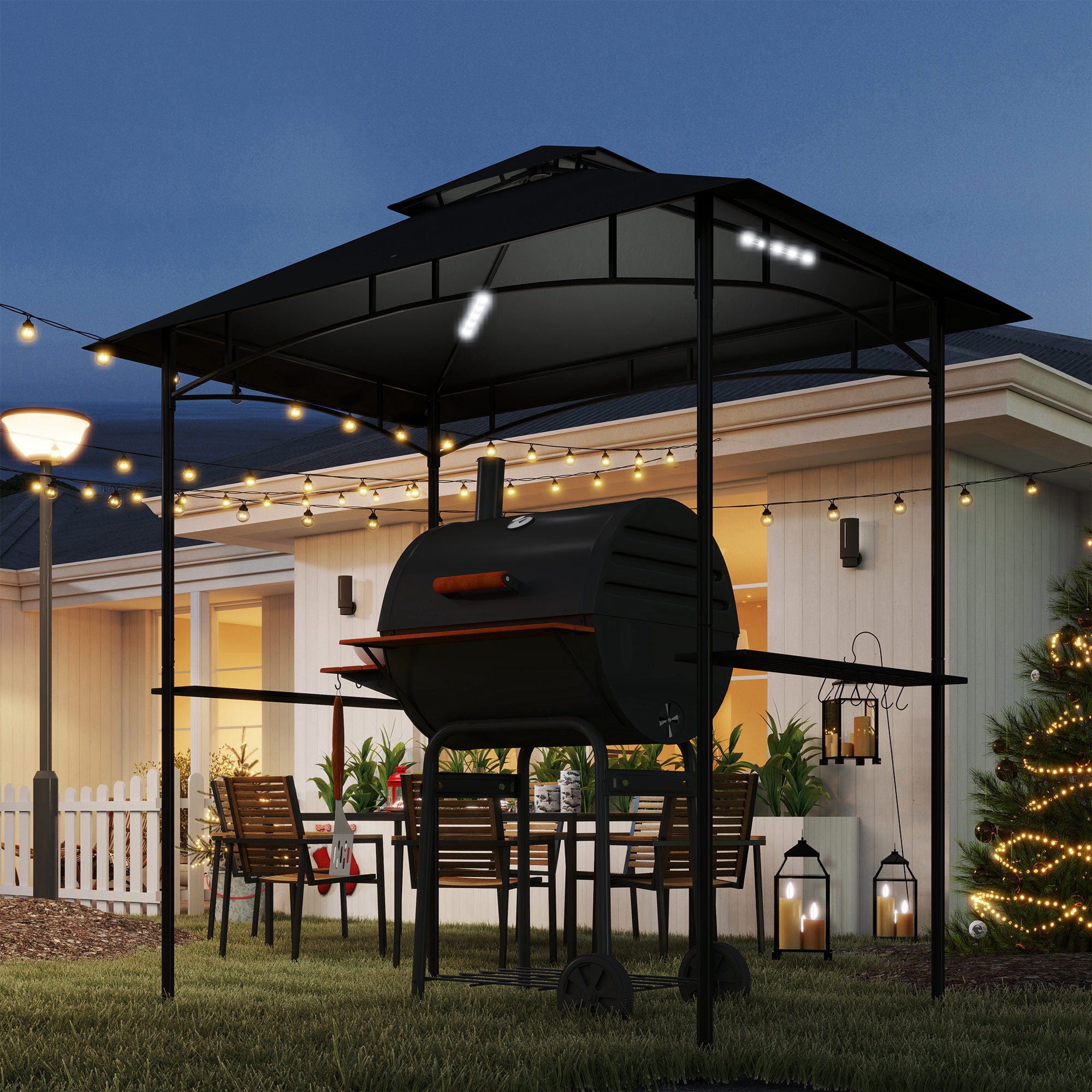 Outsunny 8' x 5' Grill Gazebo with LED Lights, Double Tiered Outdoor BBQ Gazebo Canopy with 2 Side Shelves, Storage Basket and Hooks for Patio, Garden, Backyard, Dark Grey